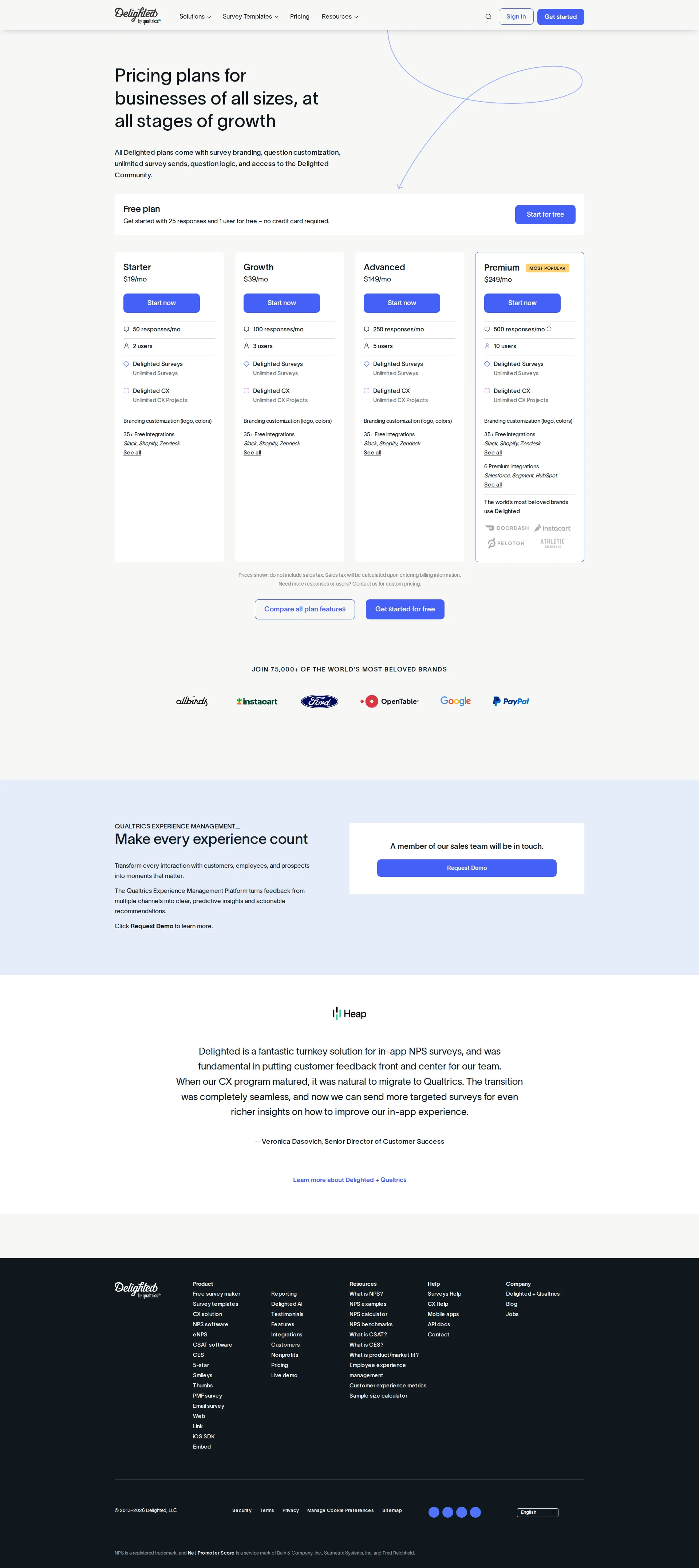 Delighted pricing page screenshot