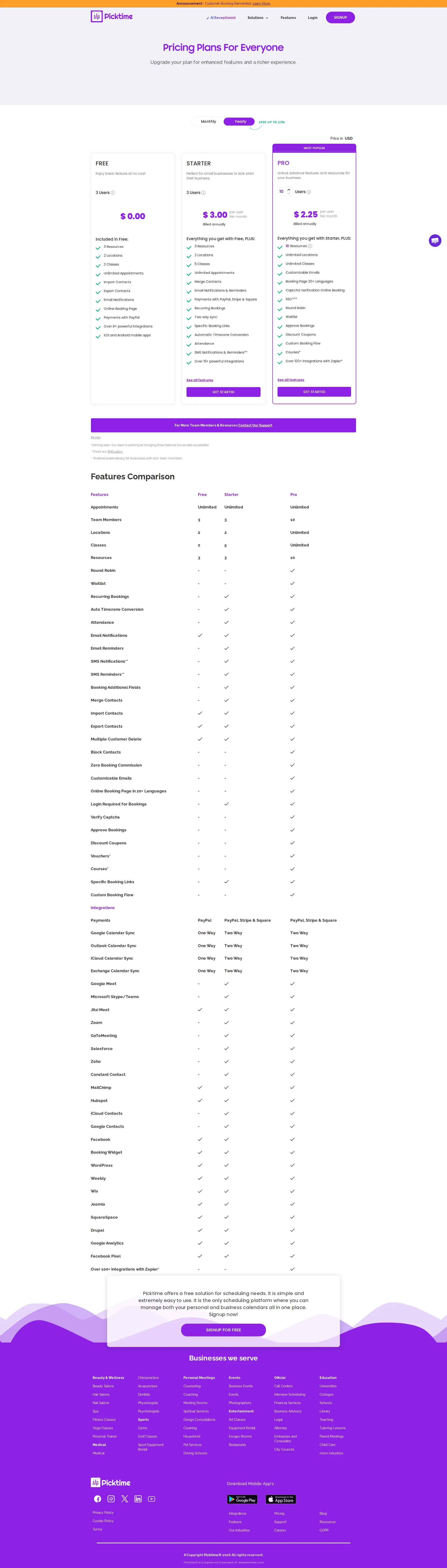 Picktime pricing page screenshot