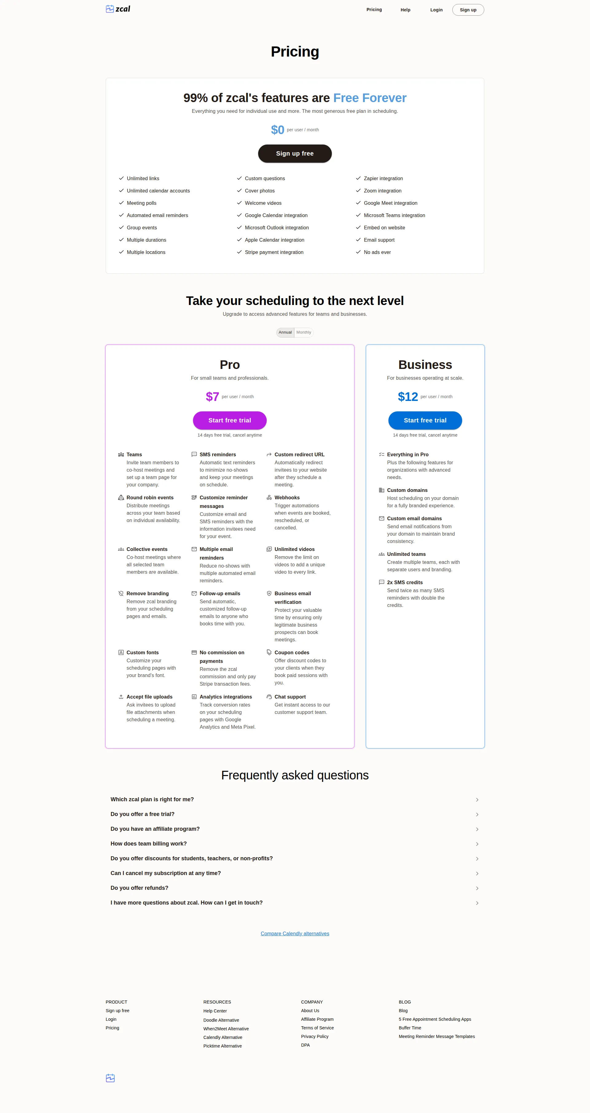 Zcal pricing page screenshot