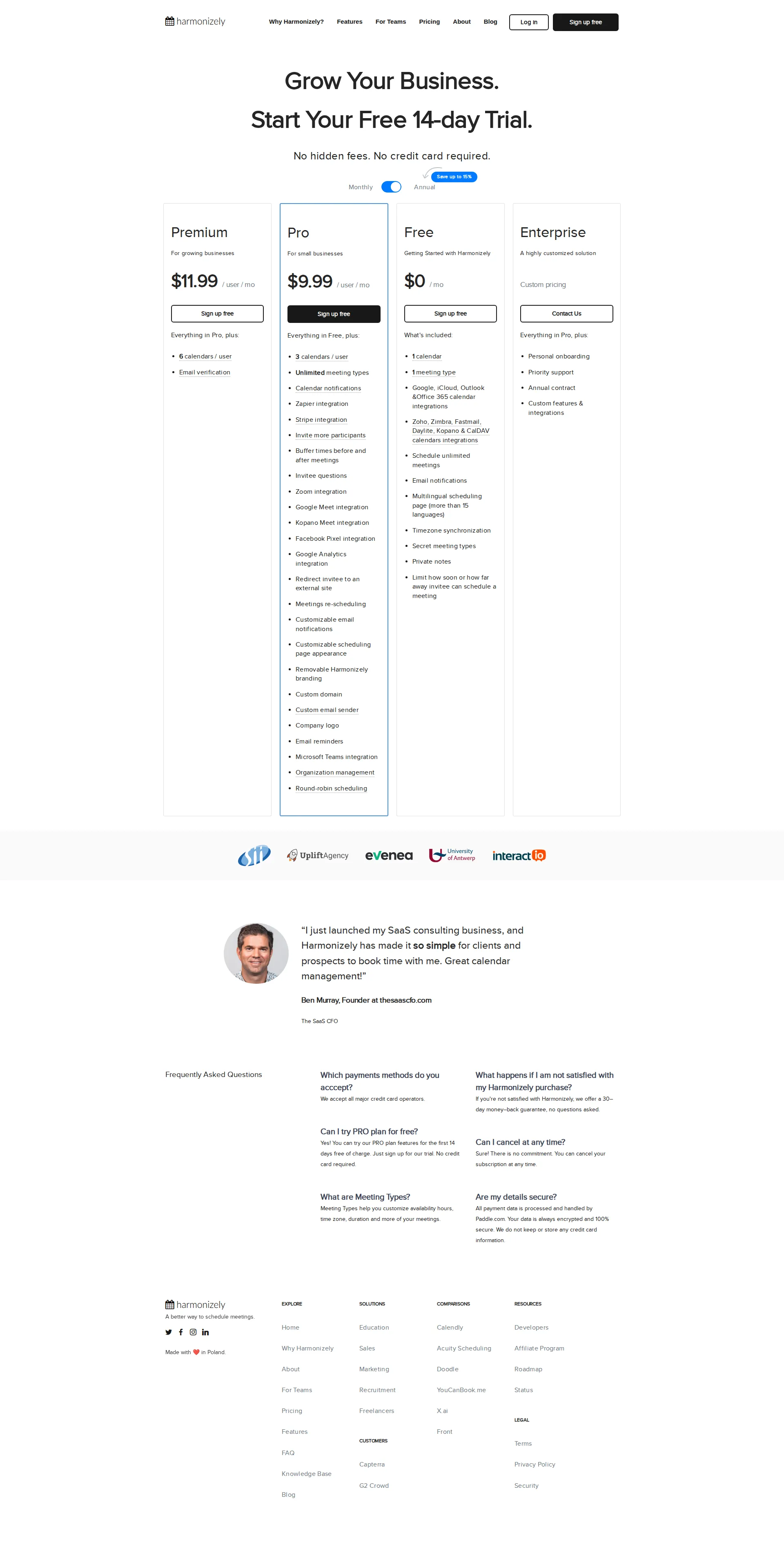 Harmonizely pricing page screenshot