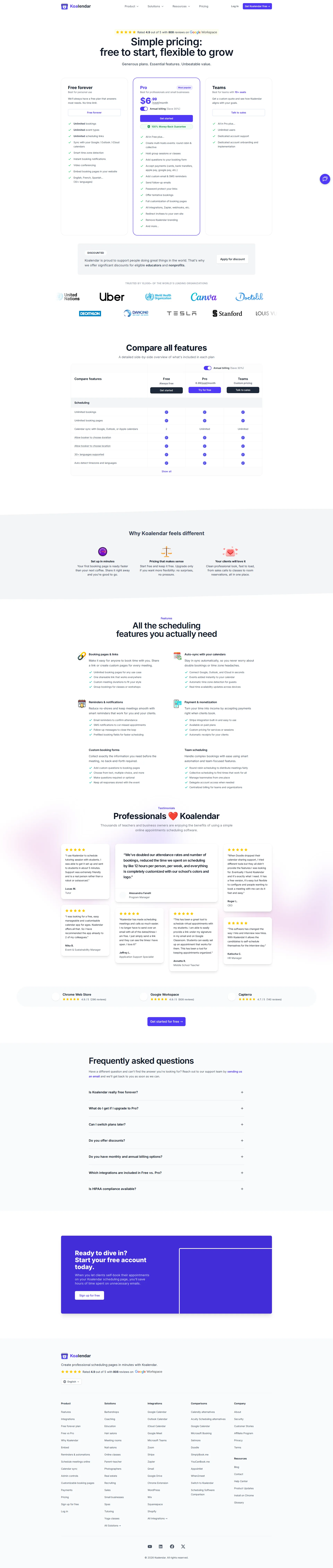 Koalendar pricing page screenshot