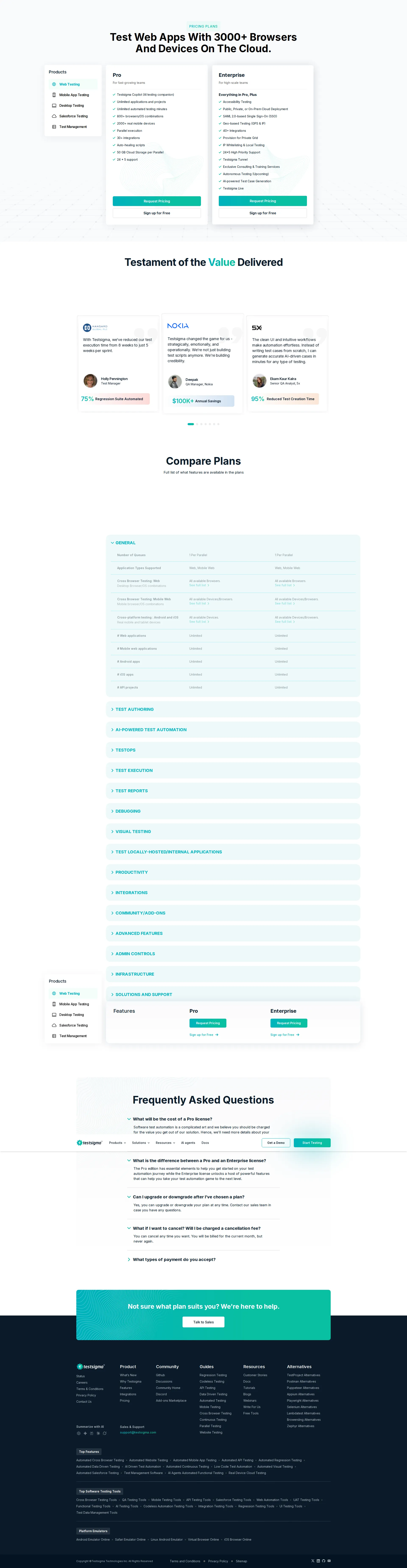Testsigma pricing page screenshot