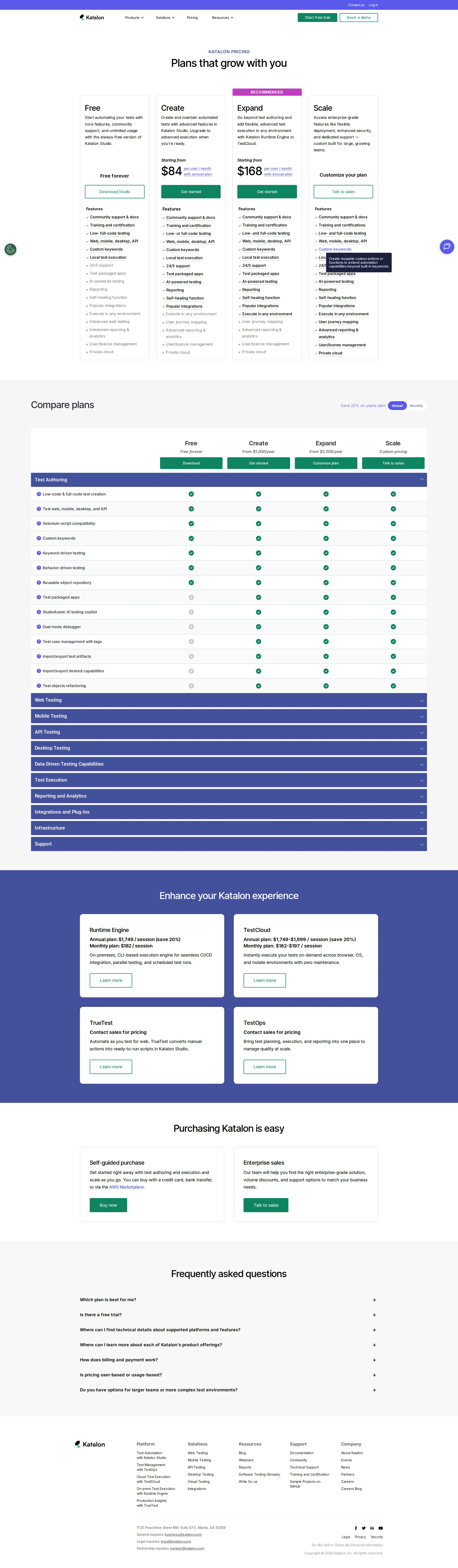 Katalon pricing page screenshot