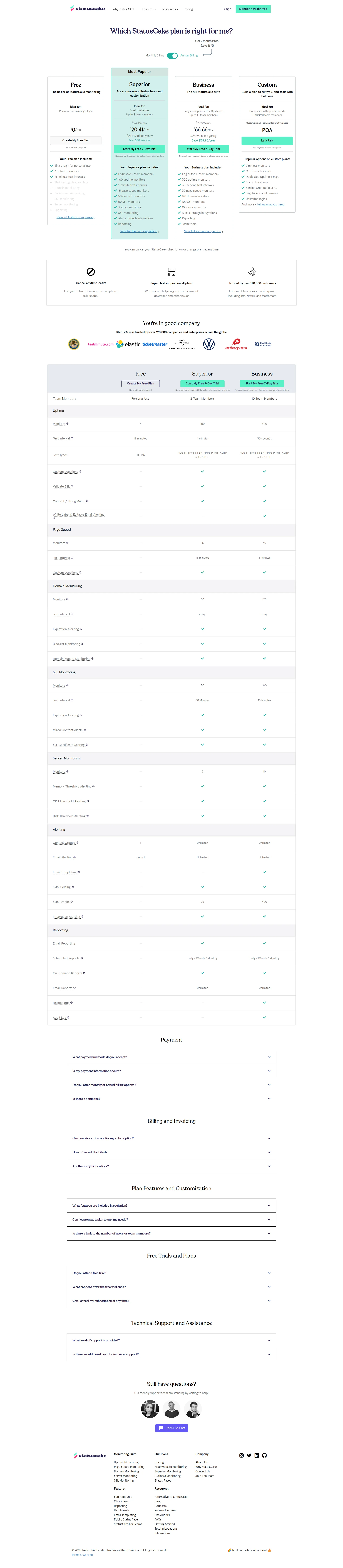 StatusCake pricing page screenshot
