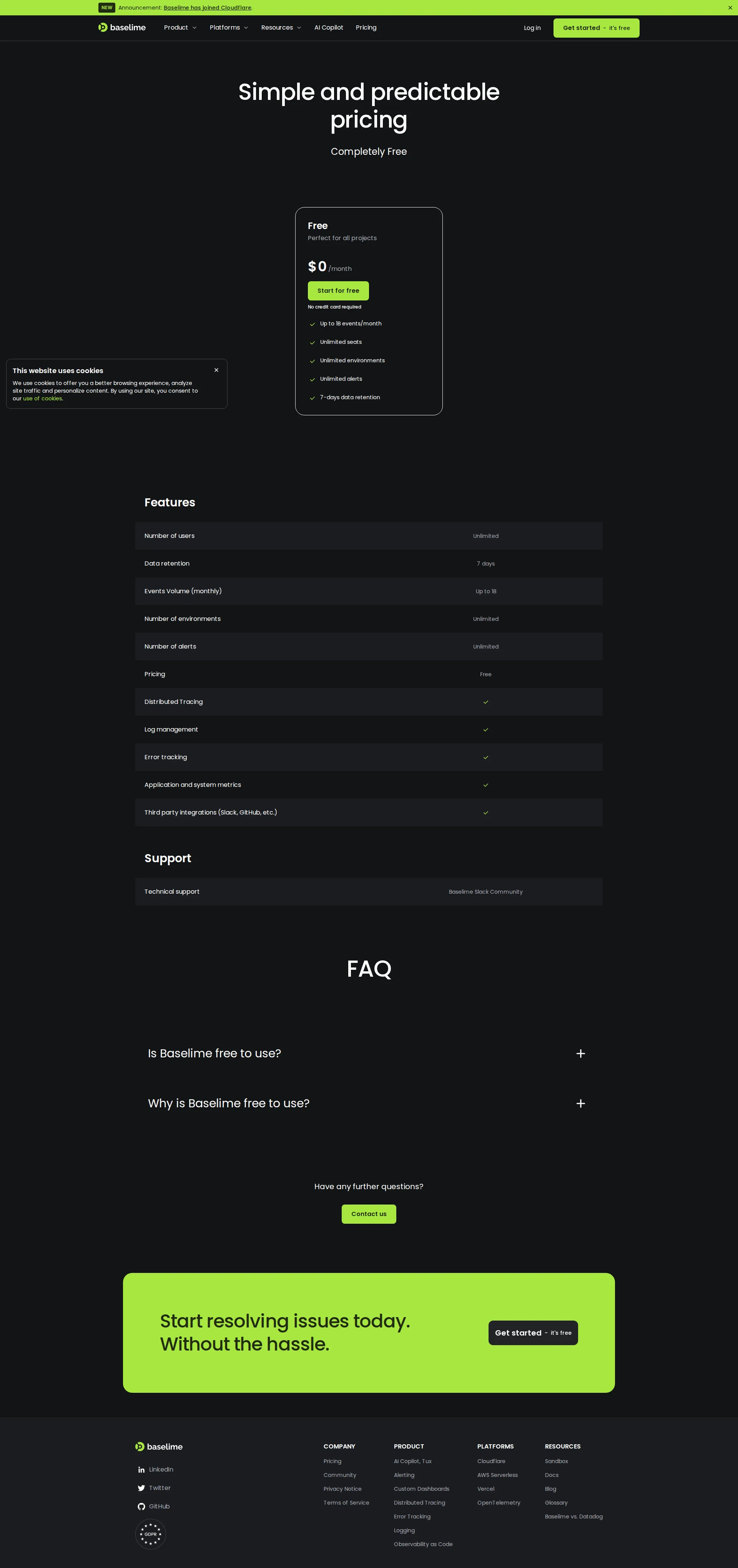 Baselime pricing page screenshot