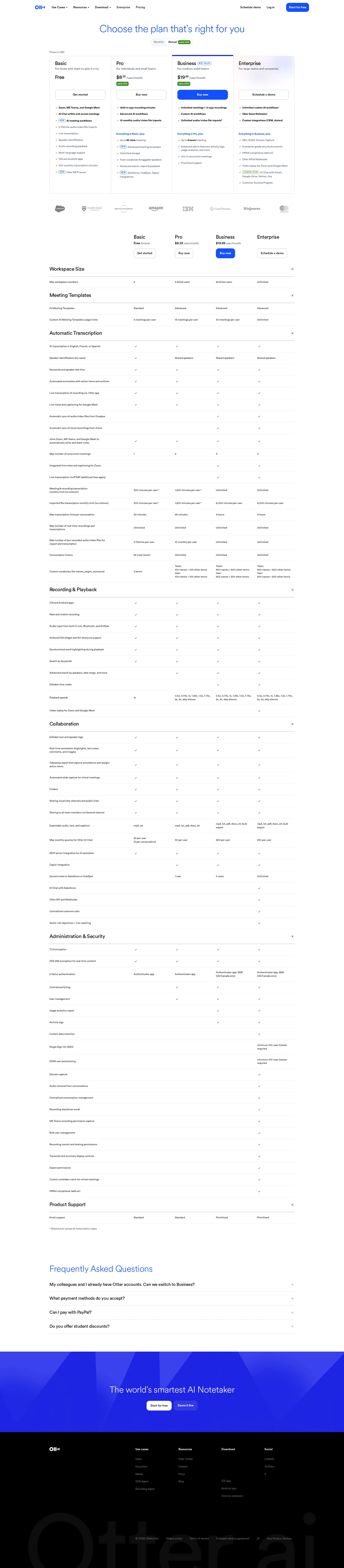 Otter.ai pricing page screenshot