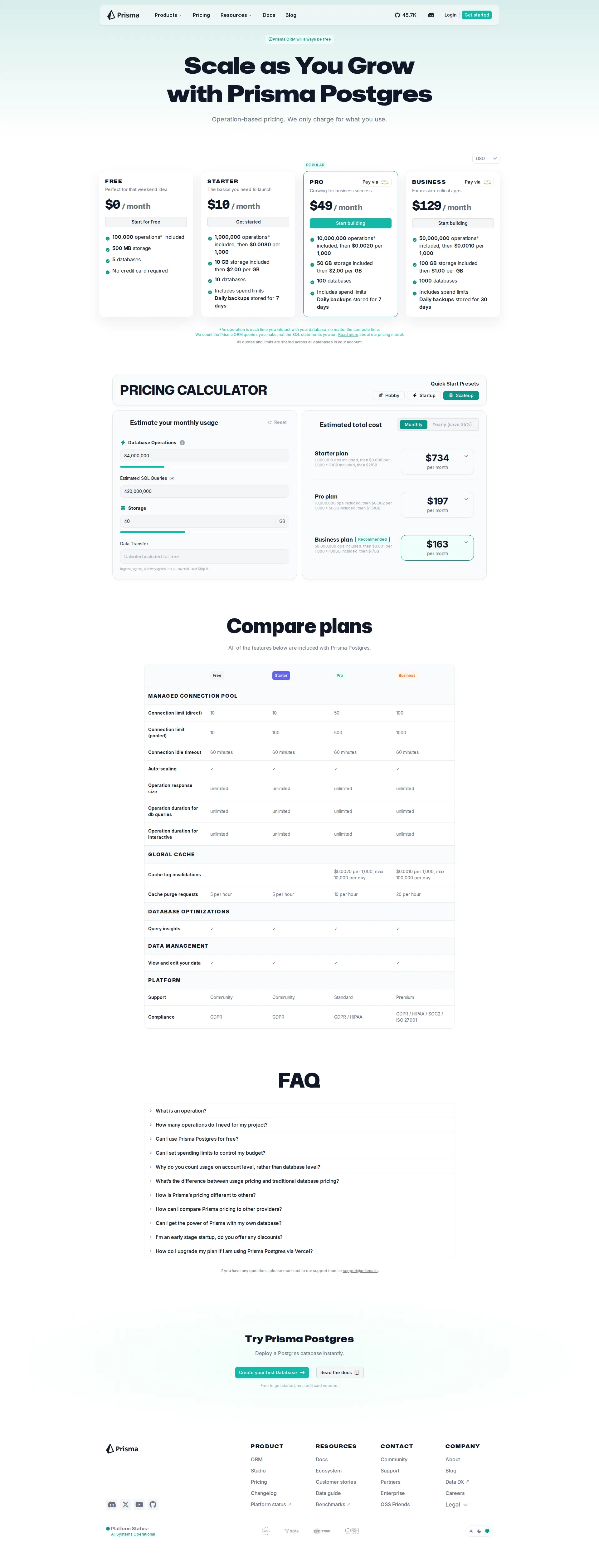 Prisma pricing page screenshot