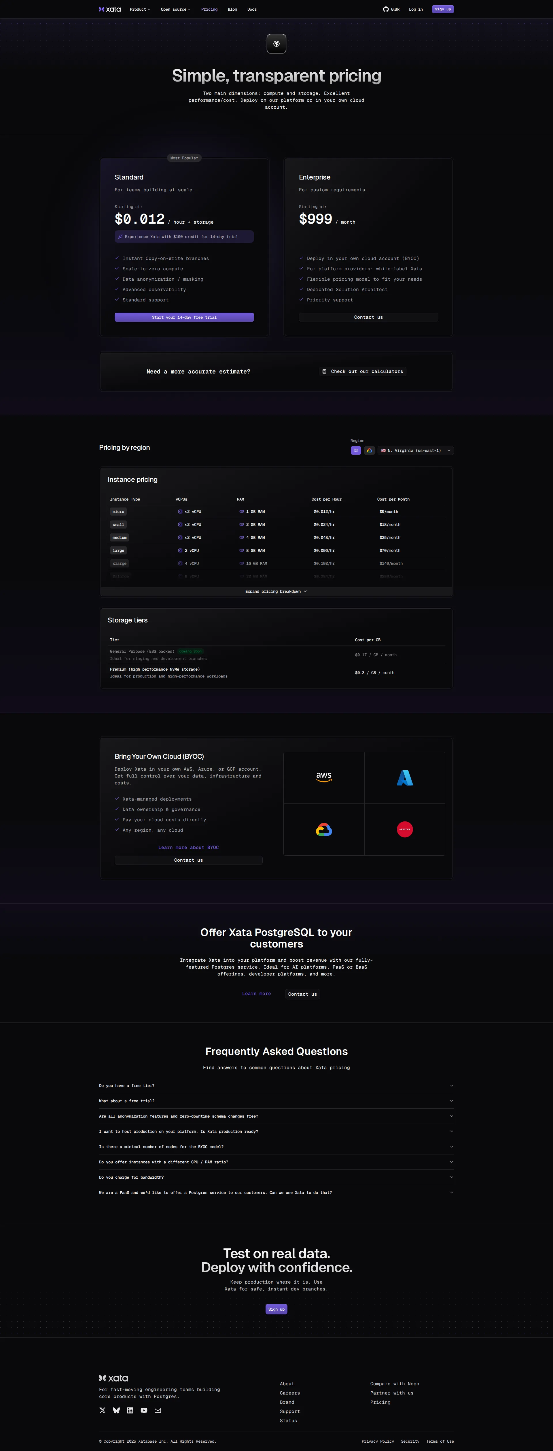 Xata pricing page screenshot