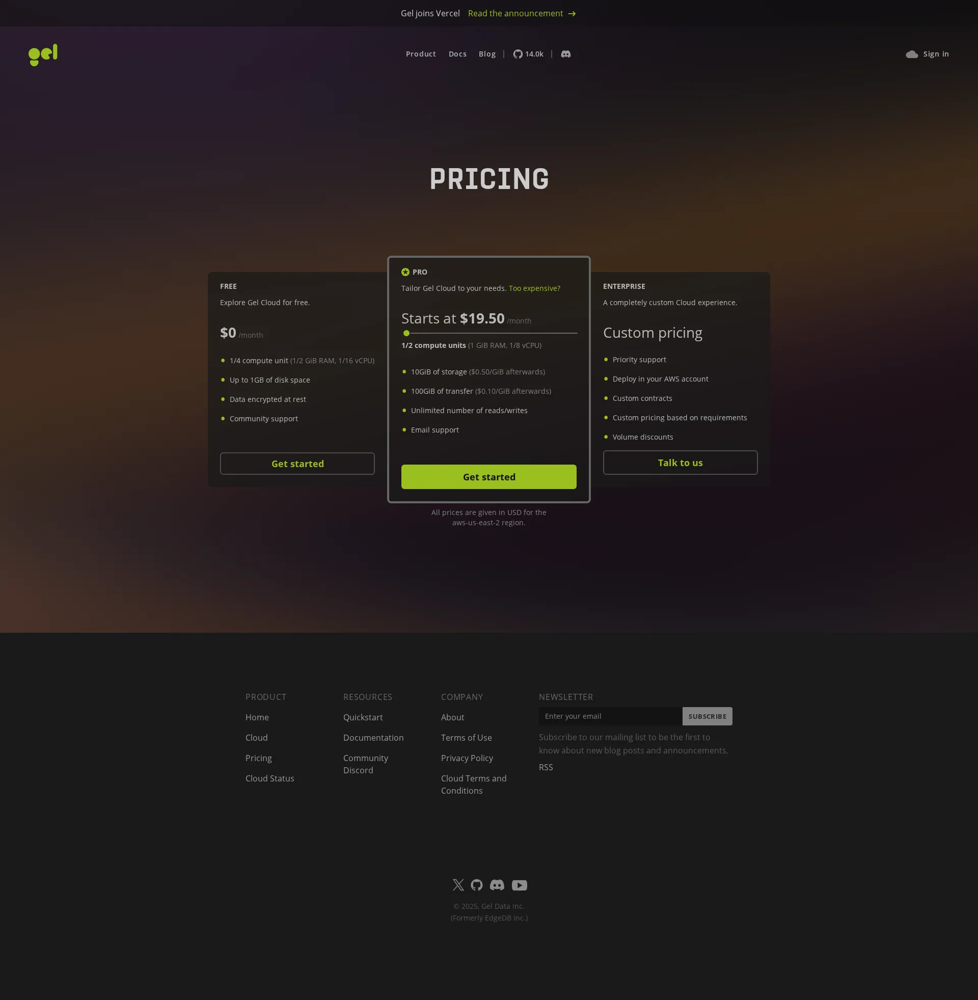 EdgeDB pricing page screenshot