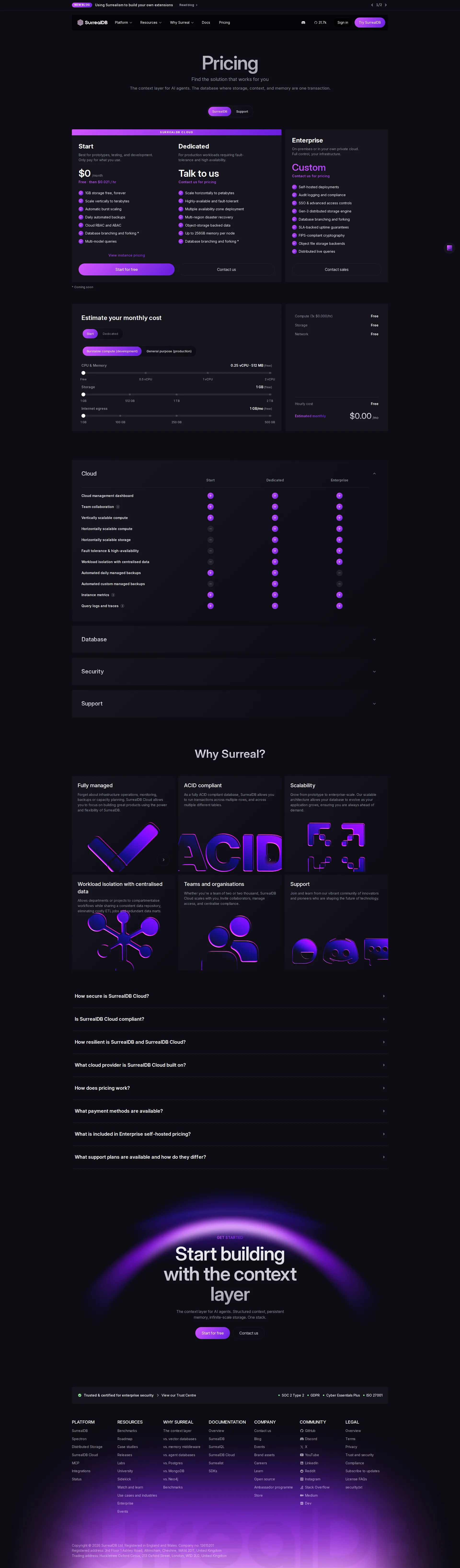 SurrealDB pricing page screenshot