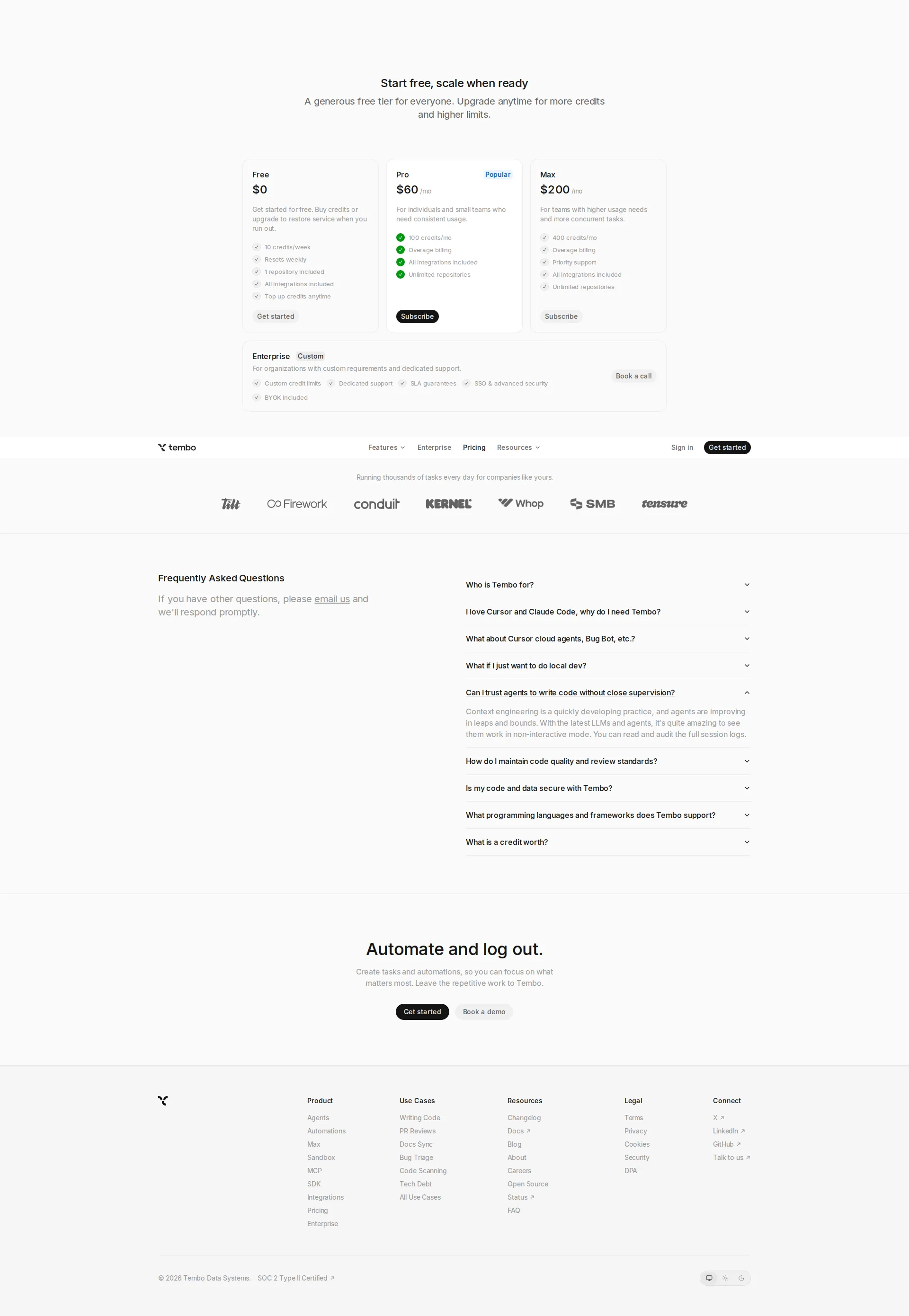 Tembo pricing page screenshot