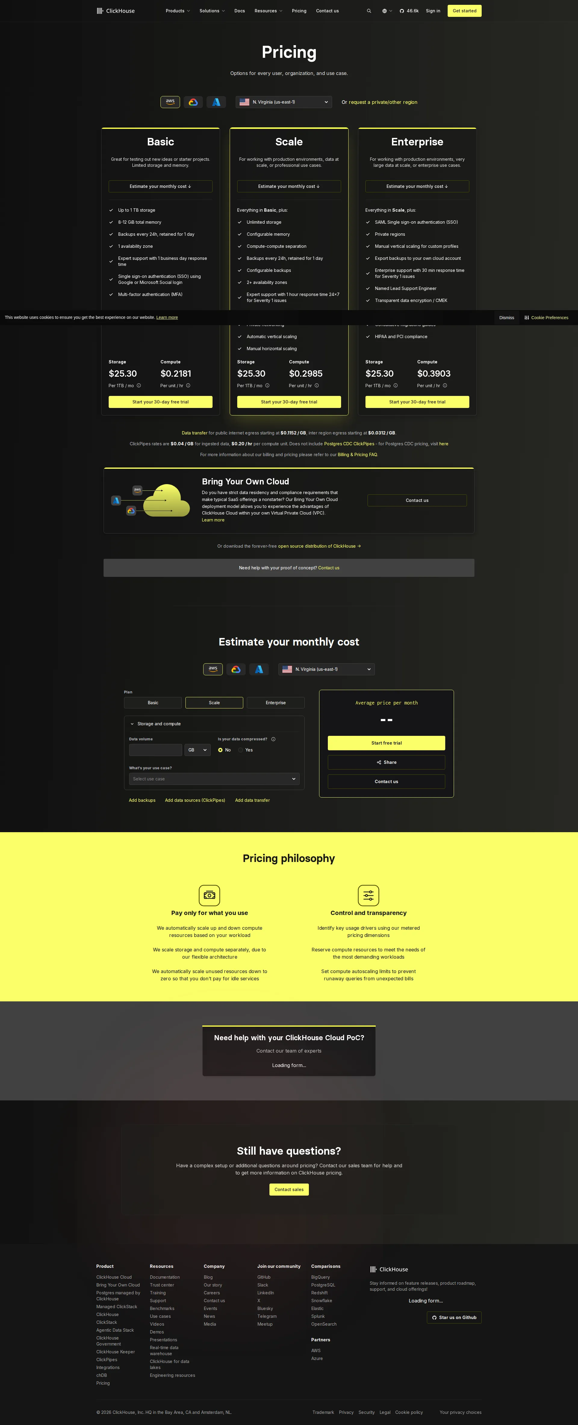 ClickHouse Cloud pricing page screenshot
