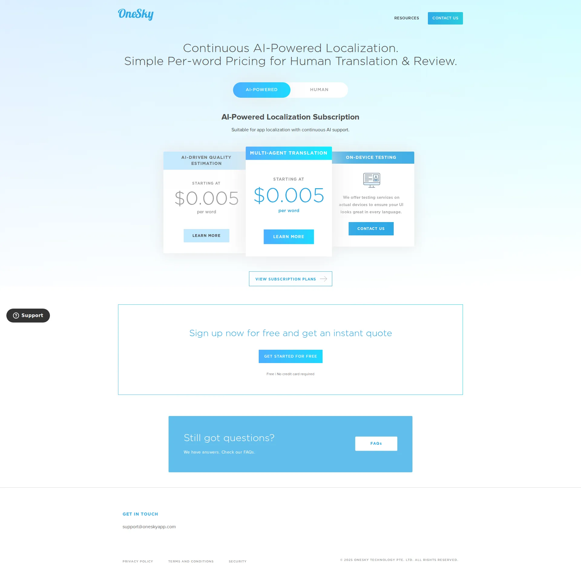 OneSky pricing page screenshot