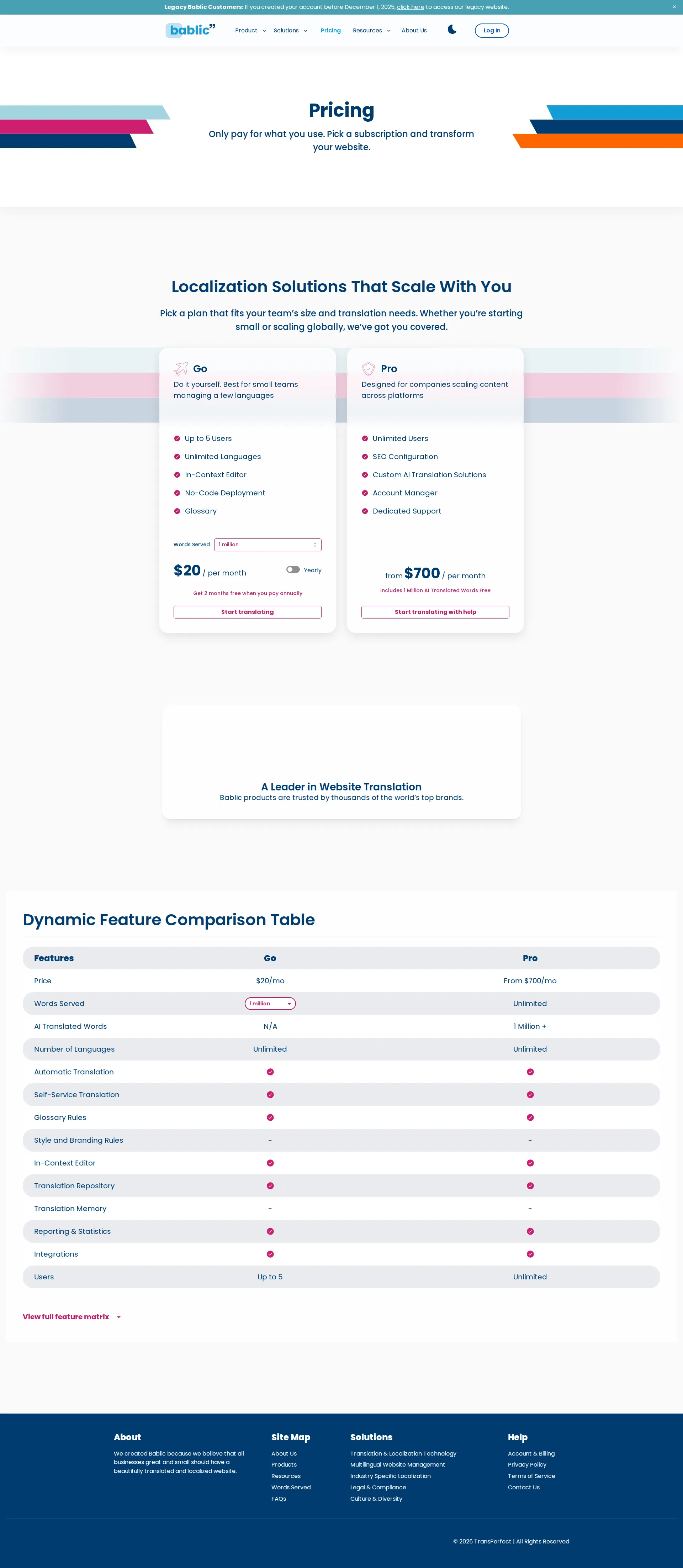 Bablic pricing page screenshot