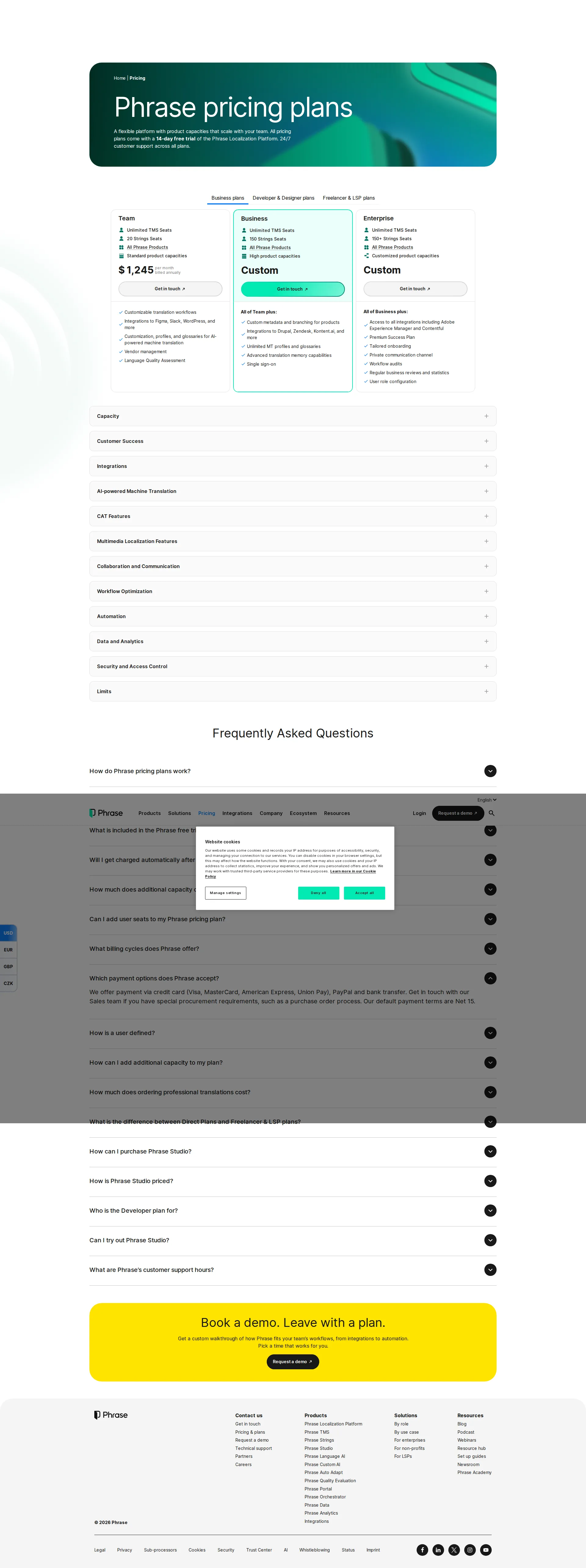 Memsource pricing page screenshot
