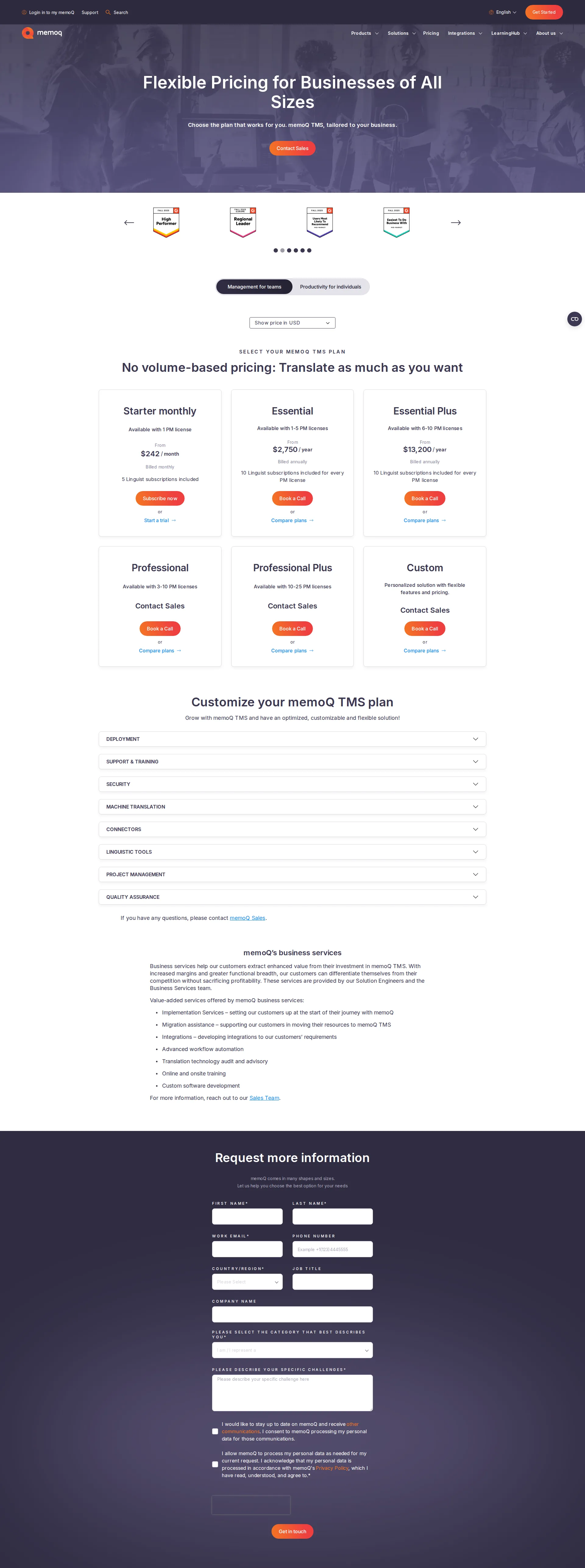memoQ pricing page screenshot