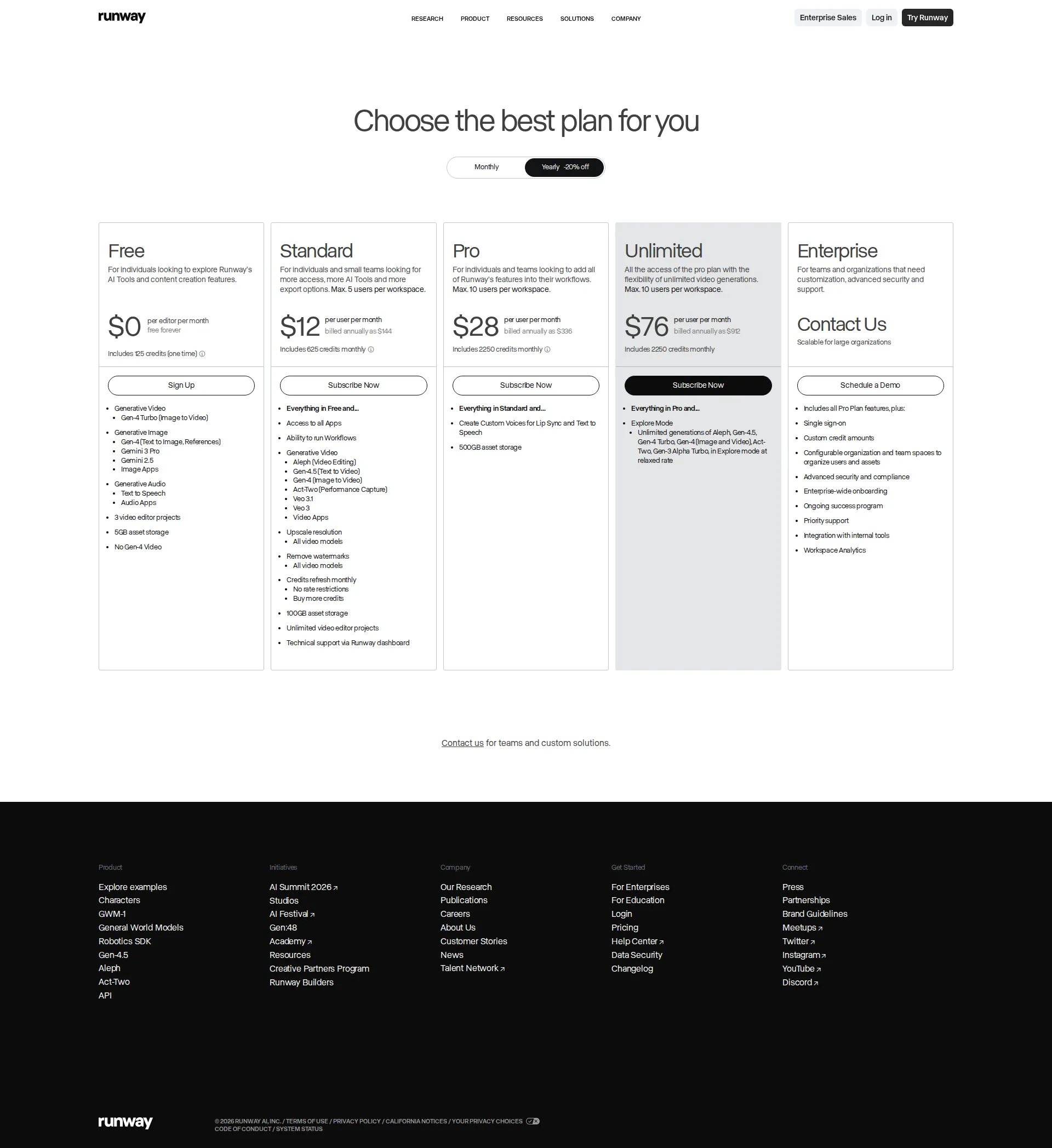 Runway pricing page screenshot