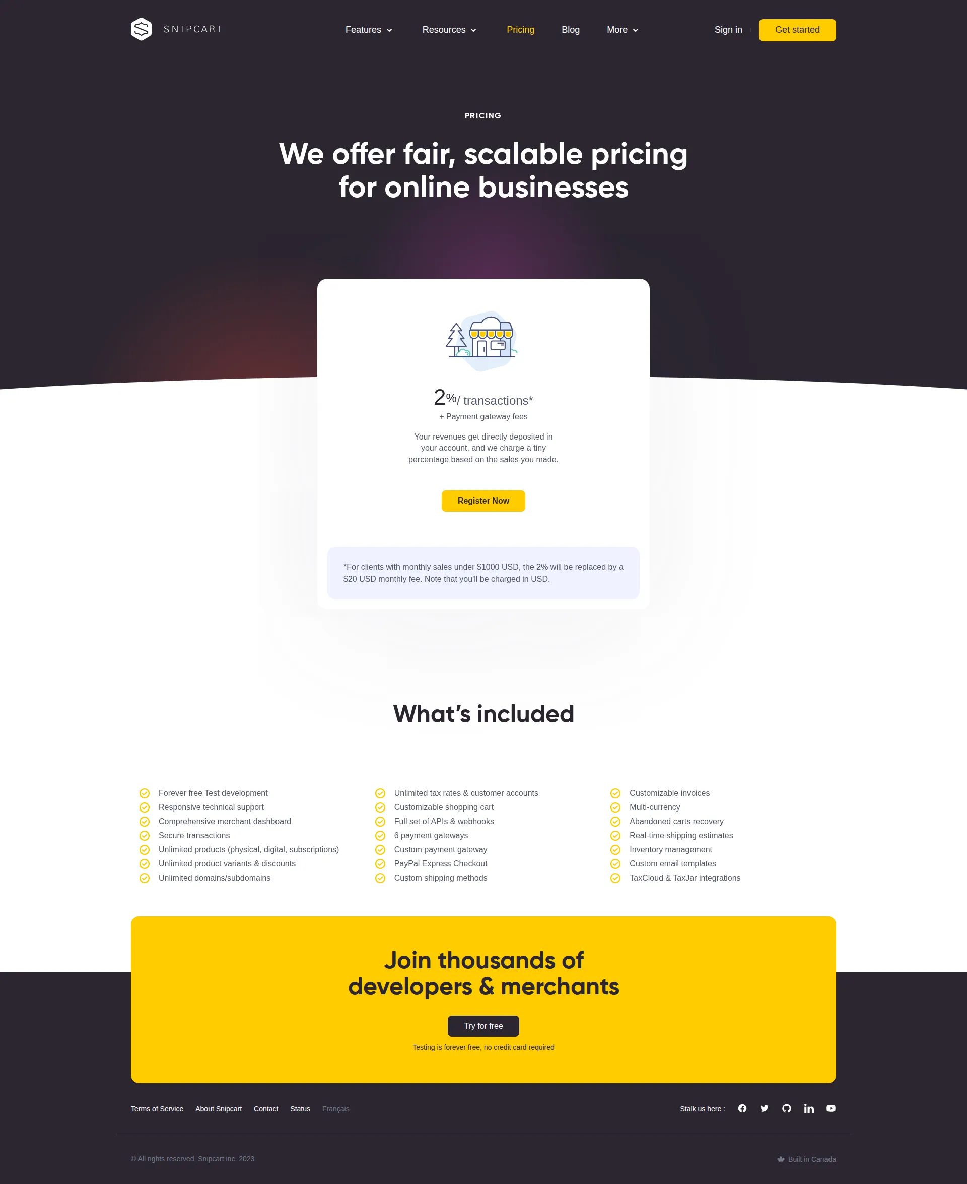 Snipcart pricing page screenshot