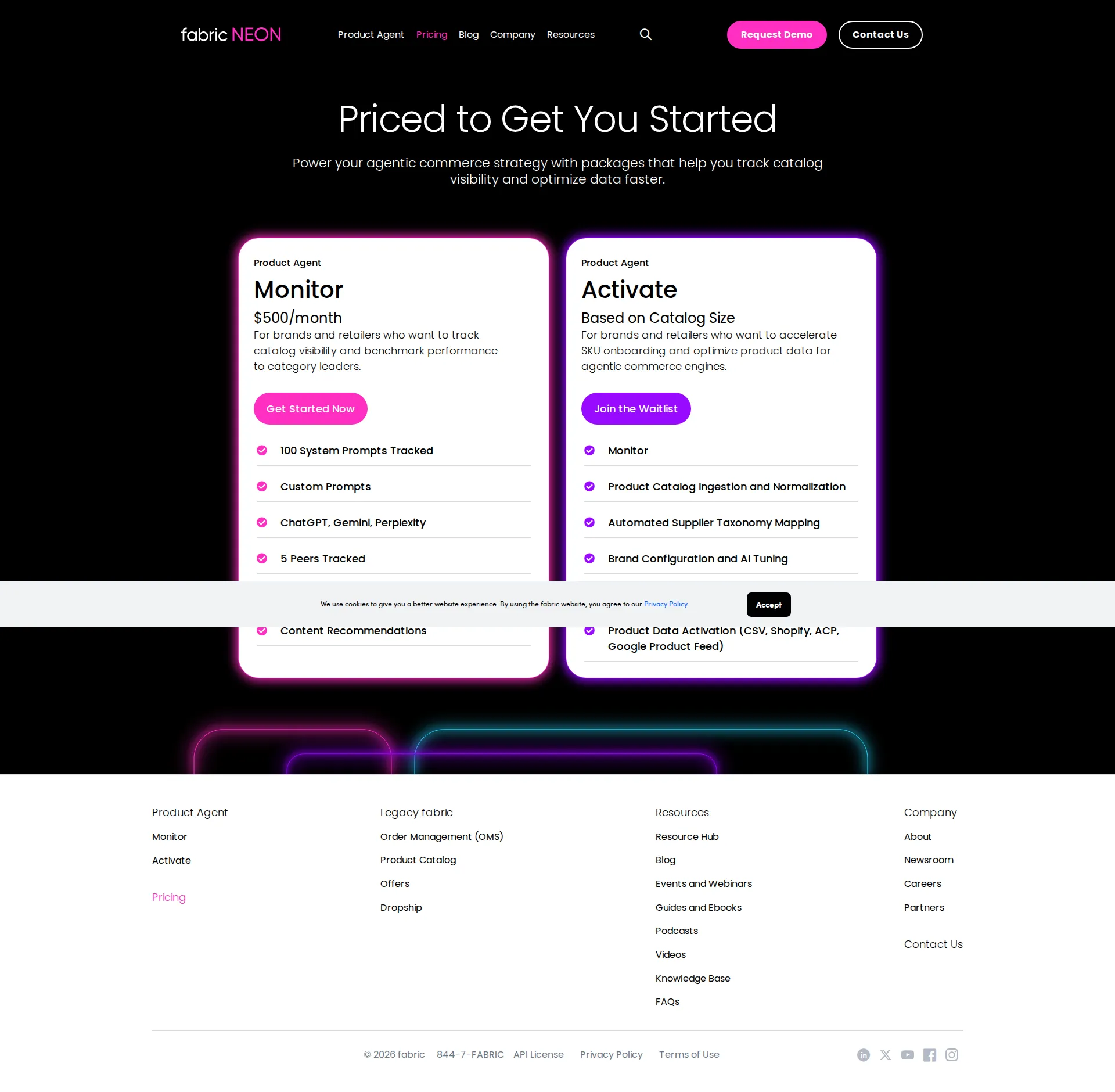 Fabric Commerce pricing page screenshot