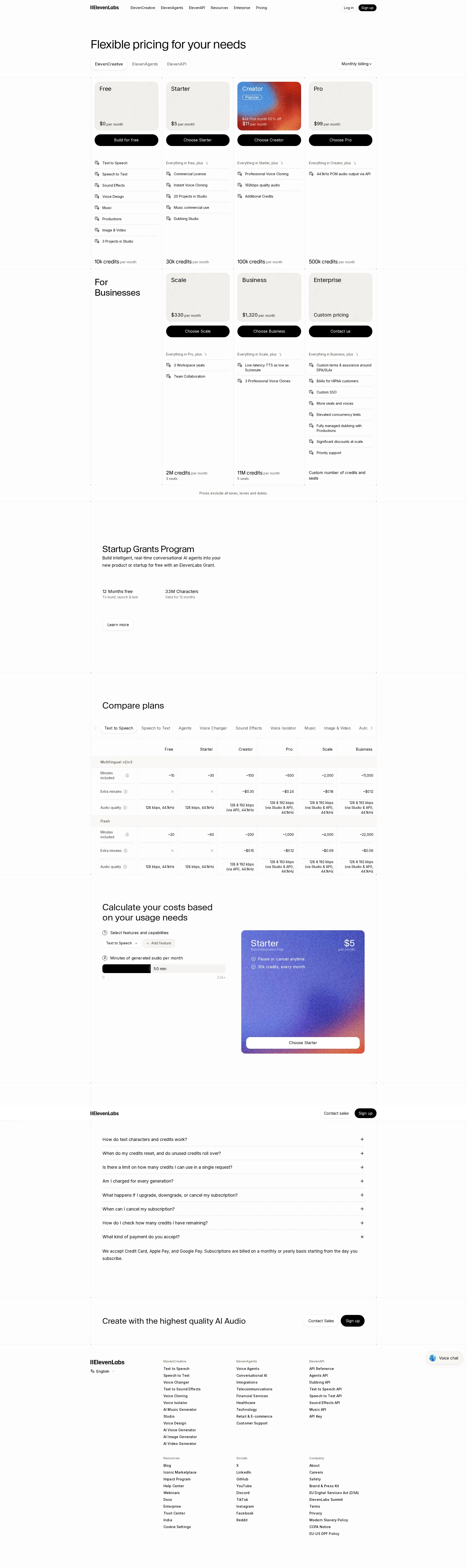 ElevenLabs pricing page screenshot