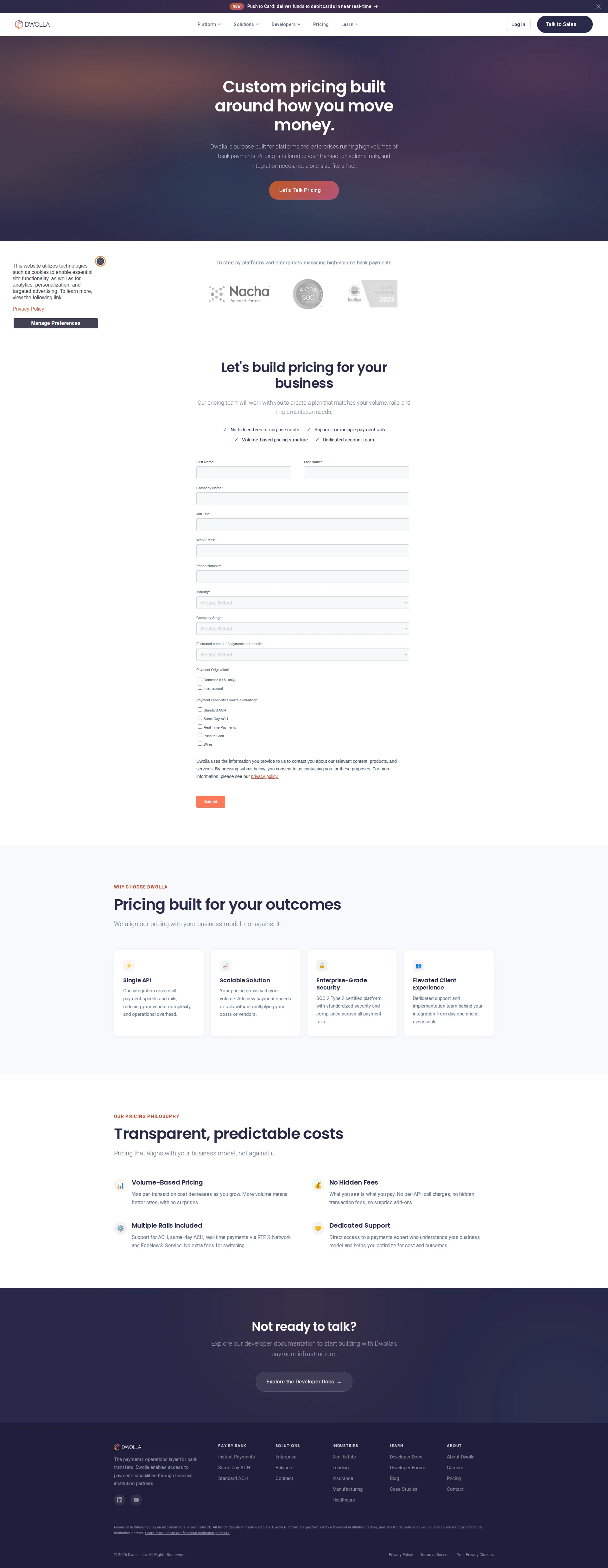 Dwolla pricing page screenshot
