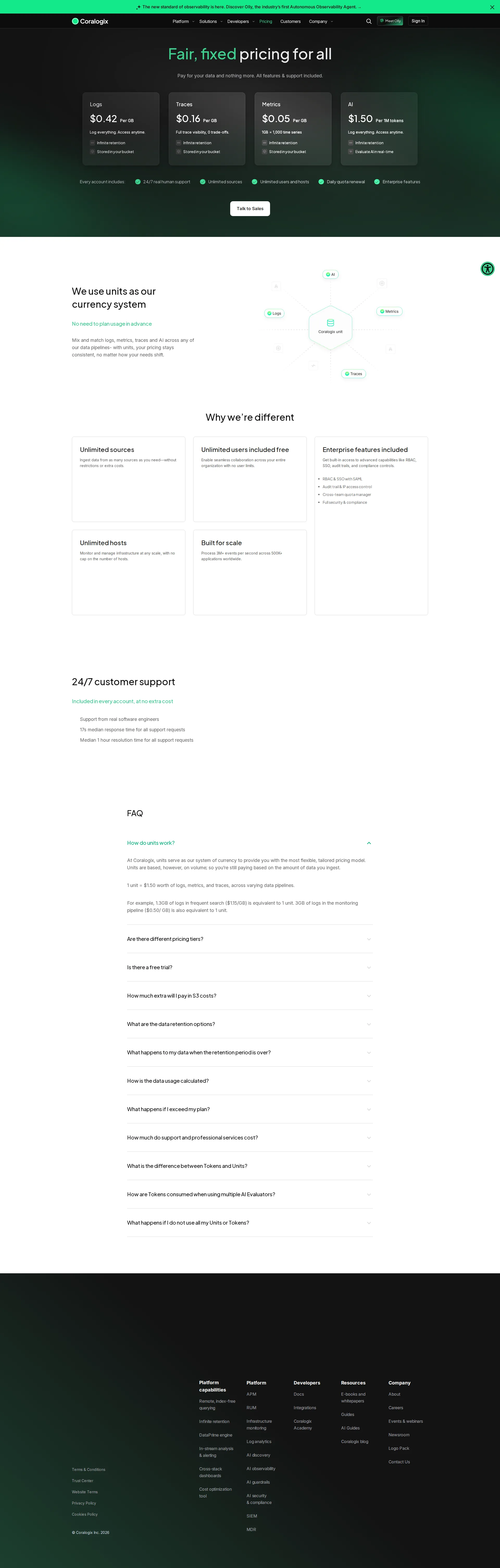Coralogix pricing page screenshot
