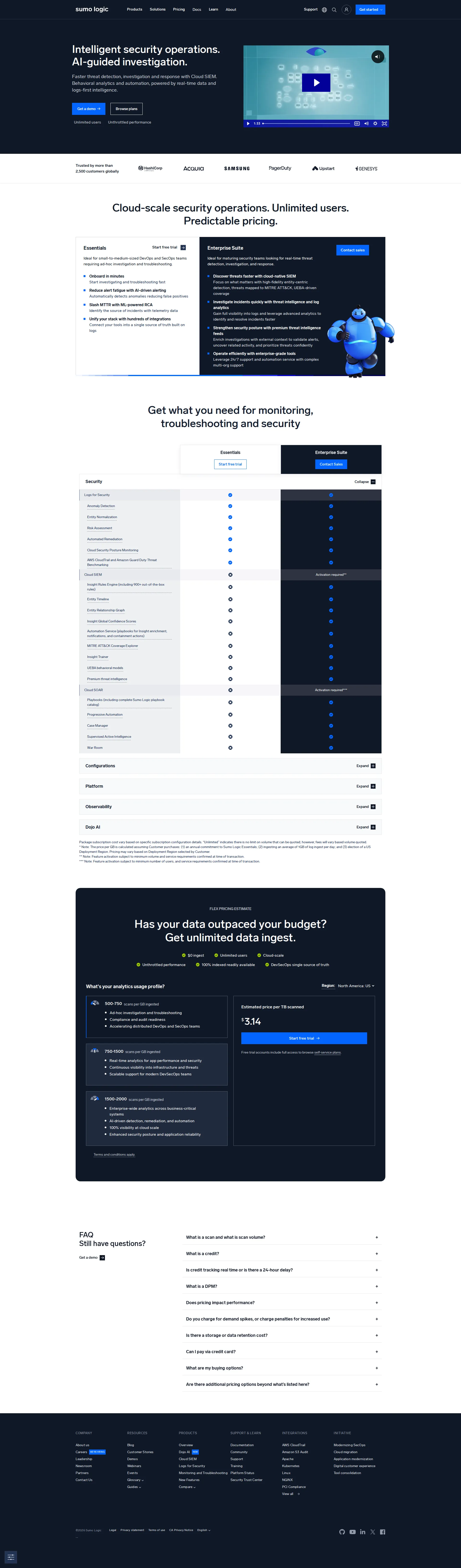 Sumo Logic pricing page screenshot