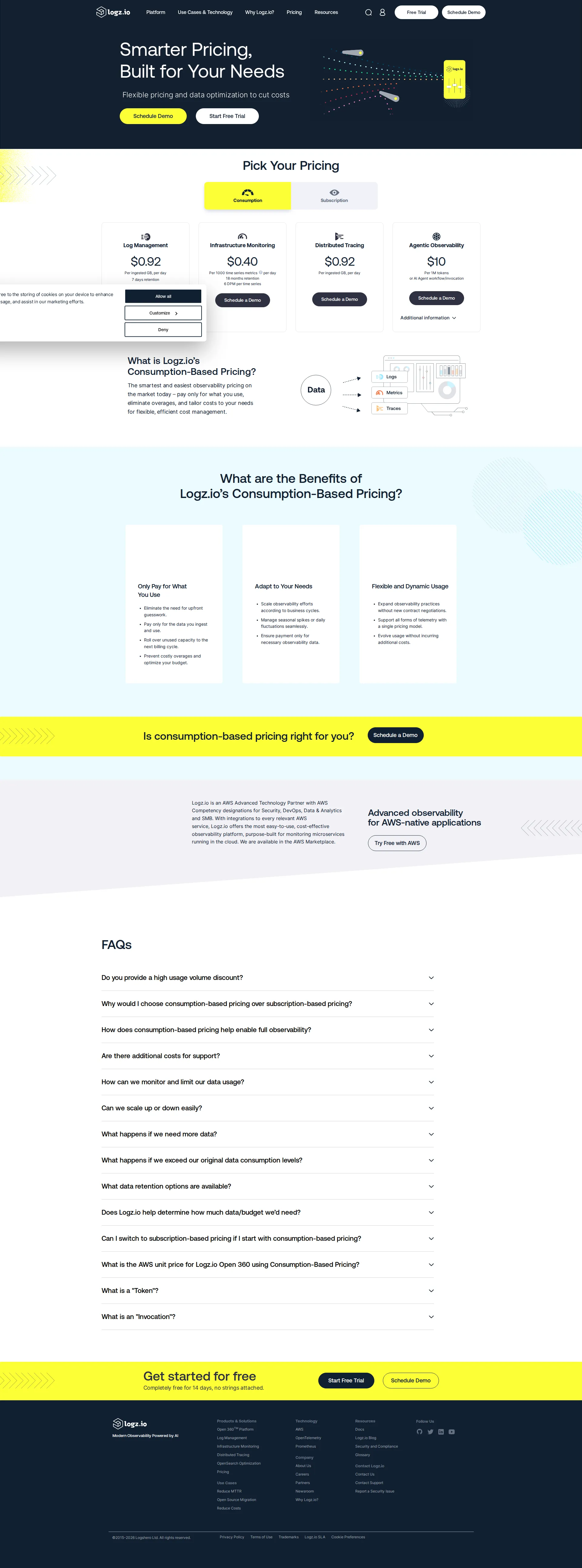 Logz.io pricing page screenshot