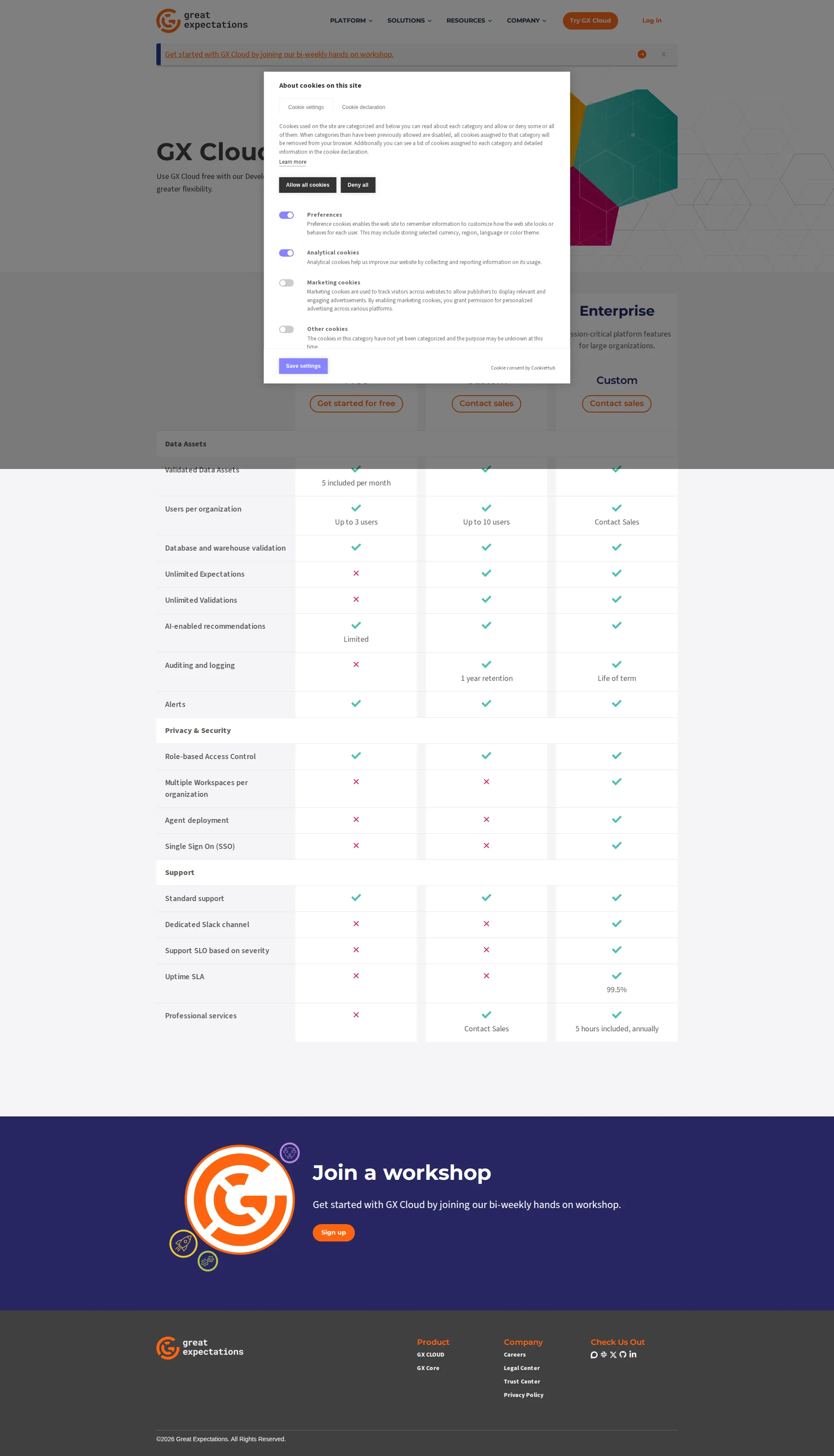 Great Expectations pricing page screenshot