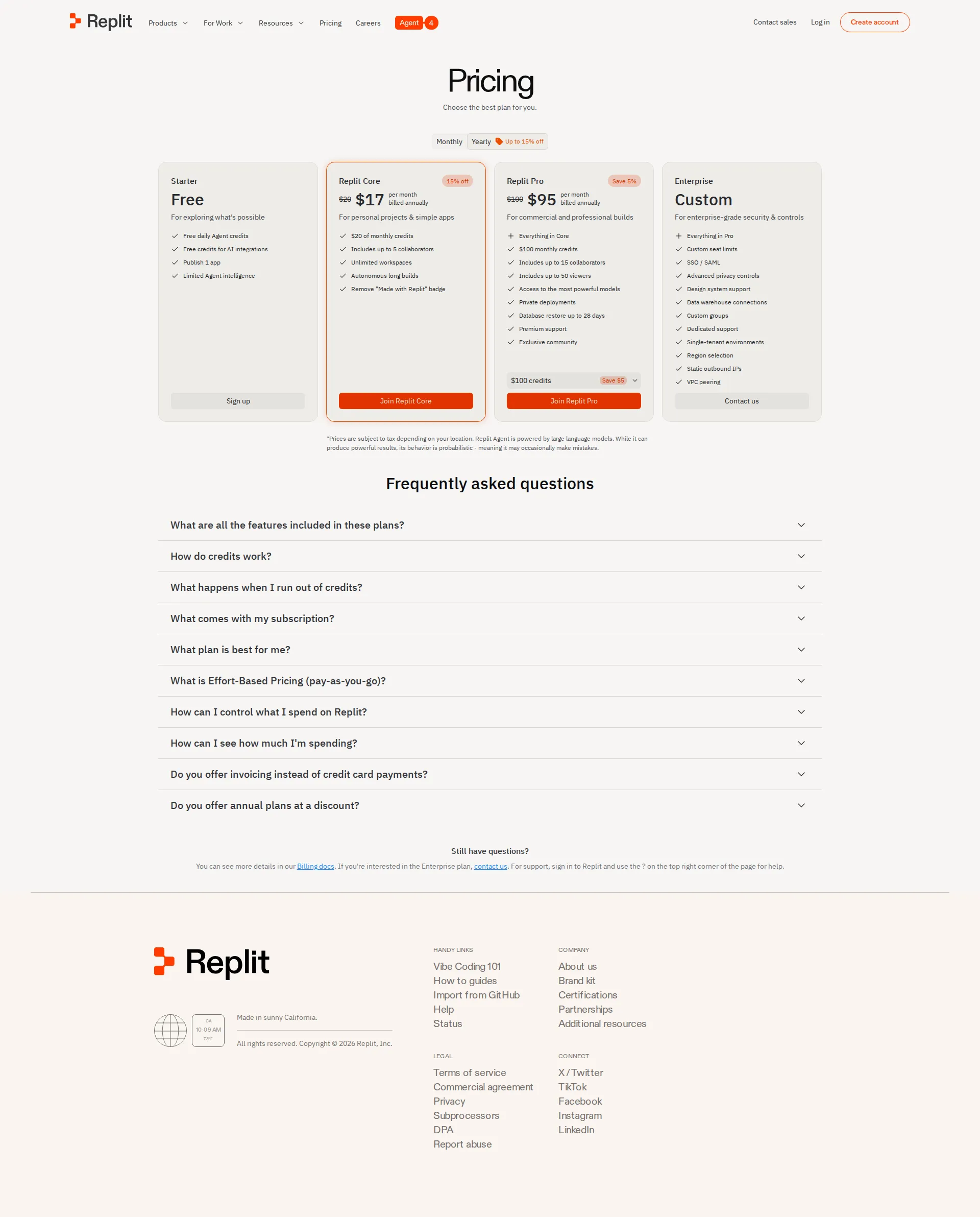 Replit pricing page screenshot