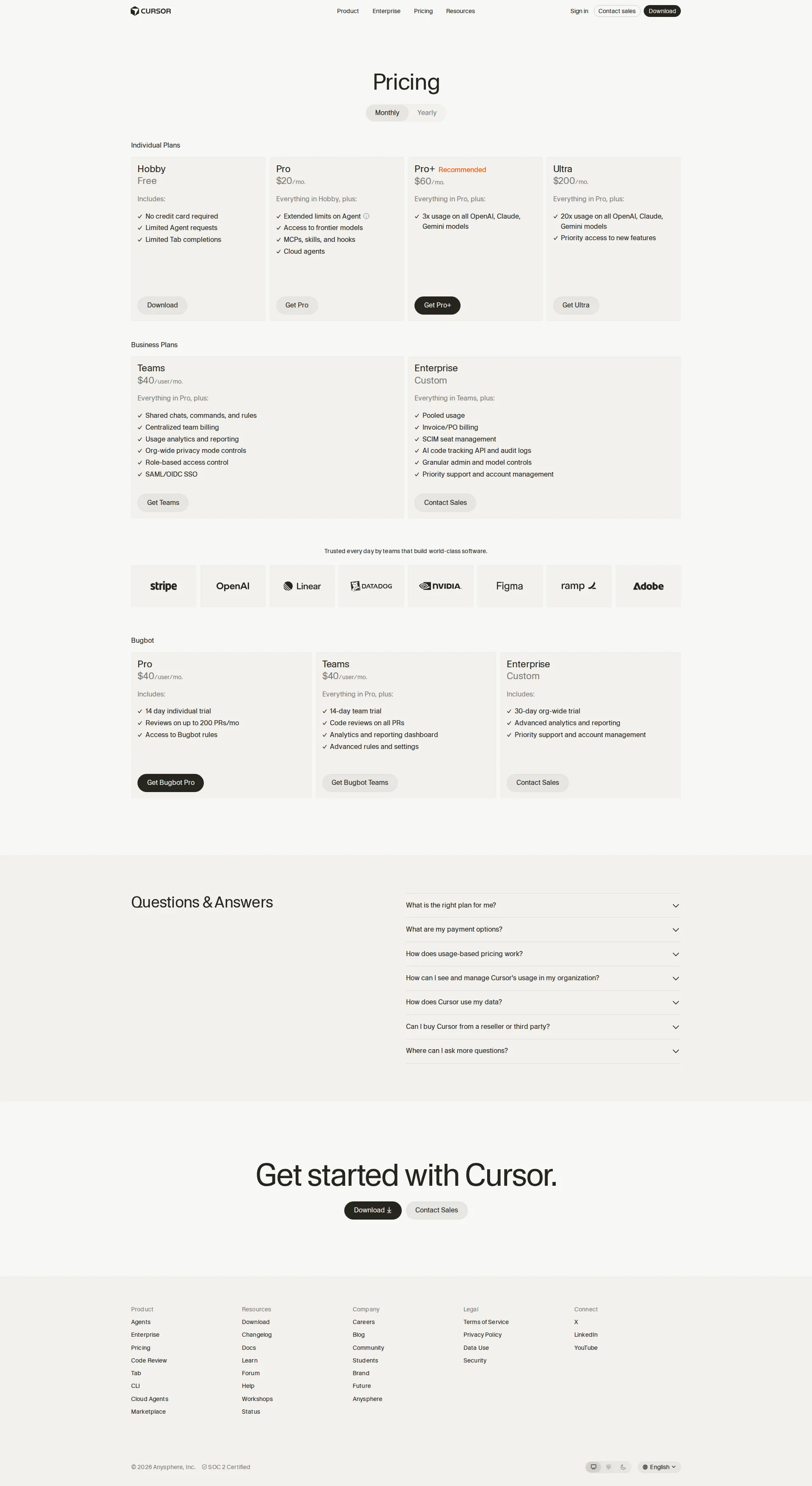 Cursor pricing page screenshot