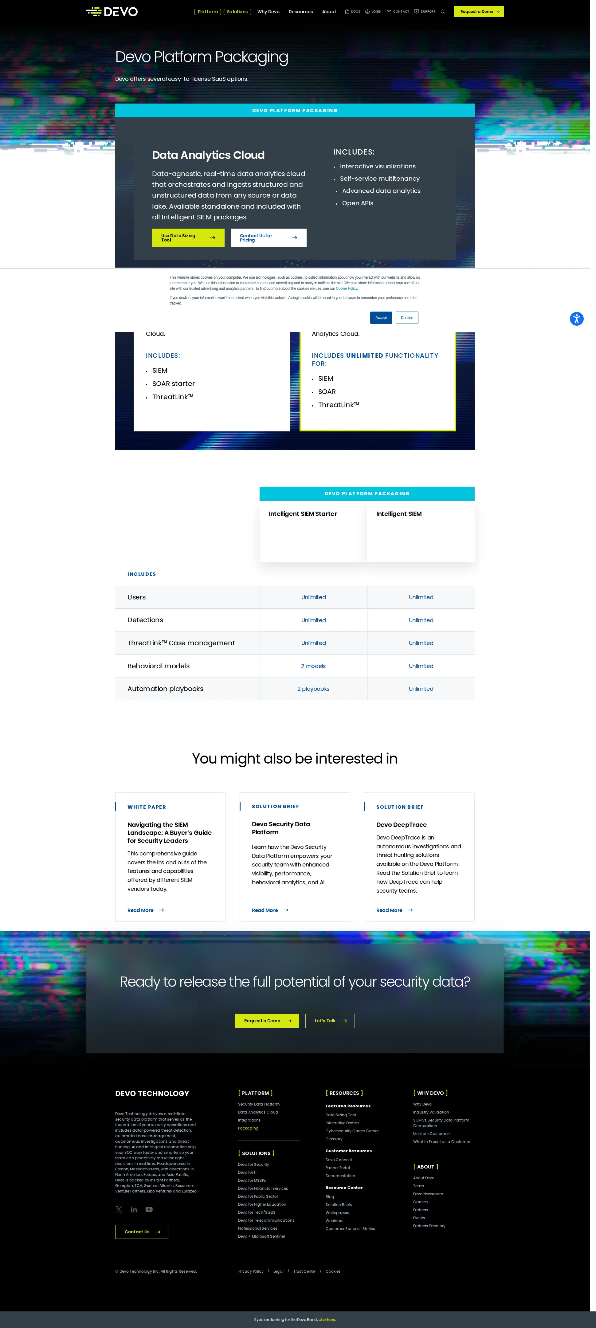 Devo pricing page screenshot