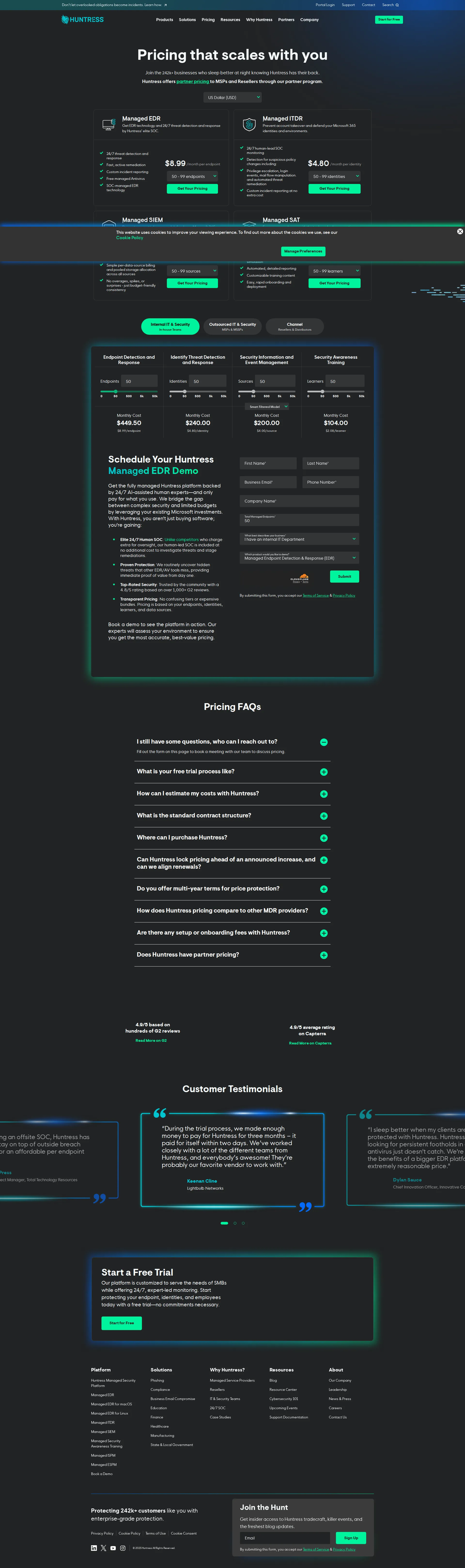 Huntress pricing page screenshot