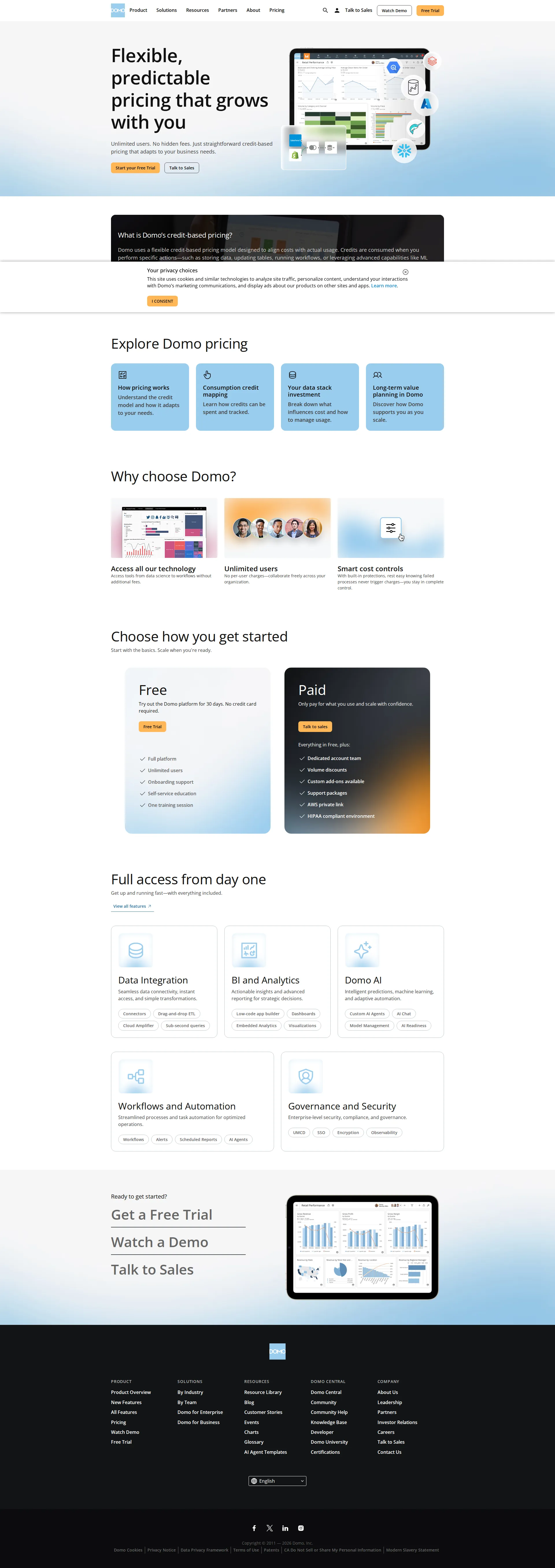 Domo pricing page screenshot