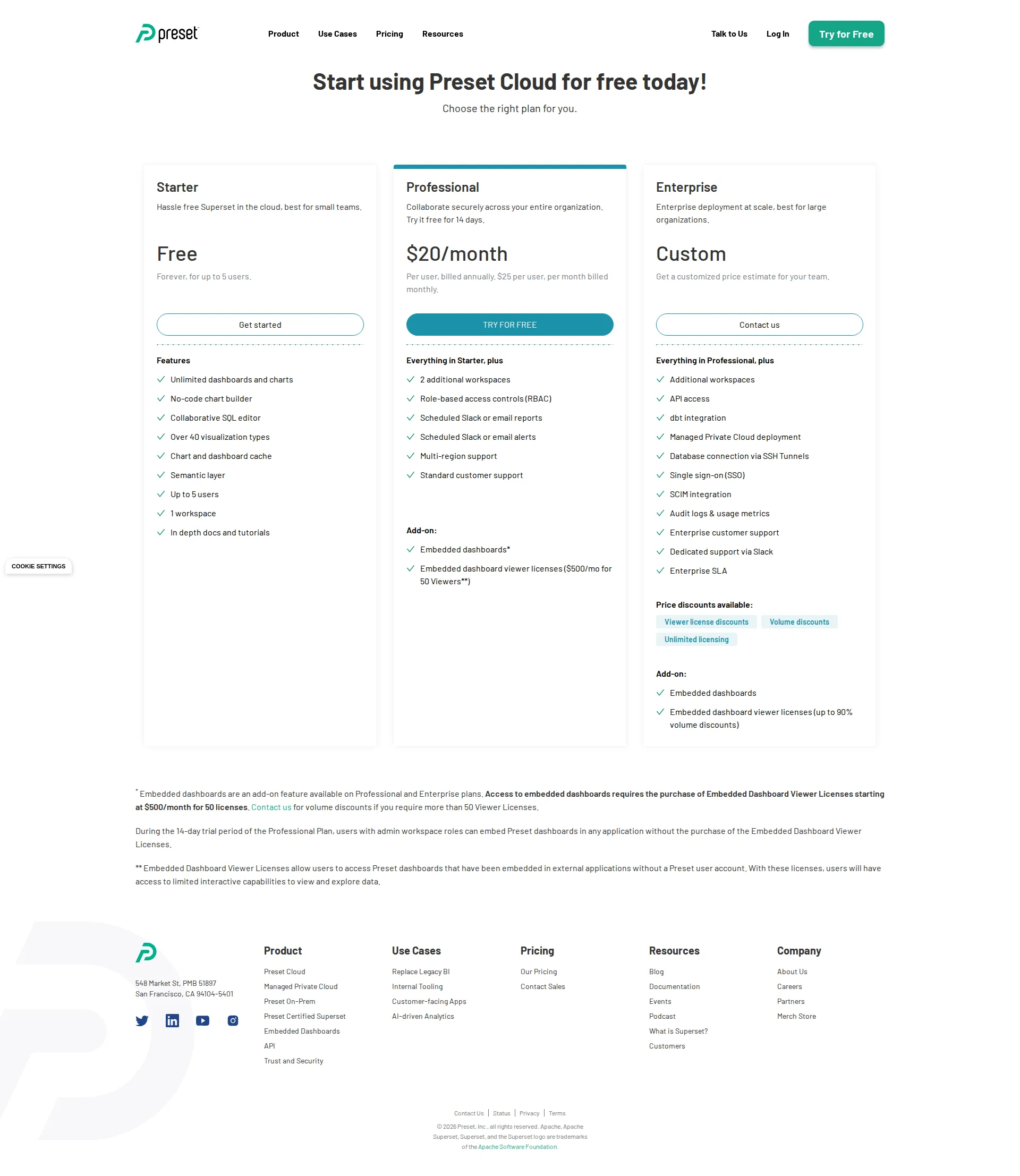 Preset pricing page screenshot