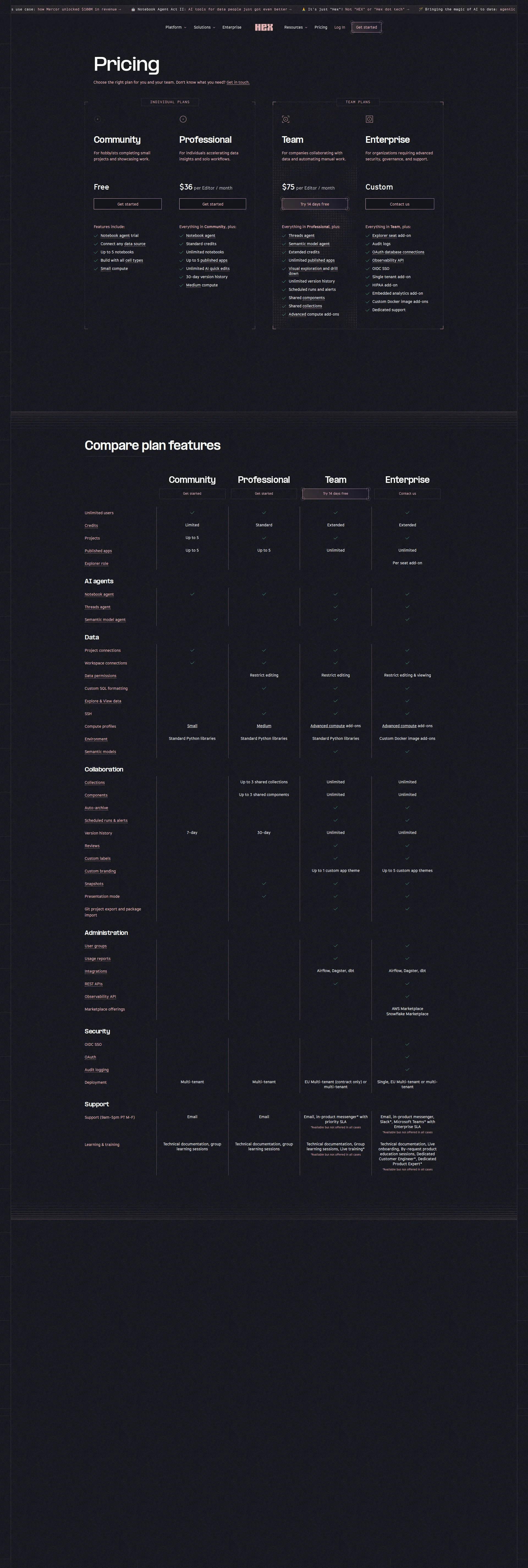 Hex pricing page screenshot