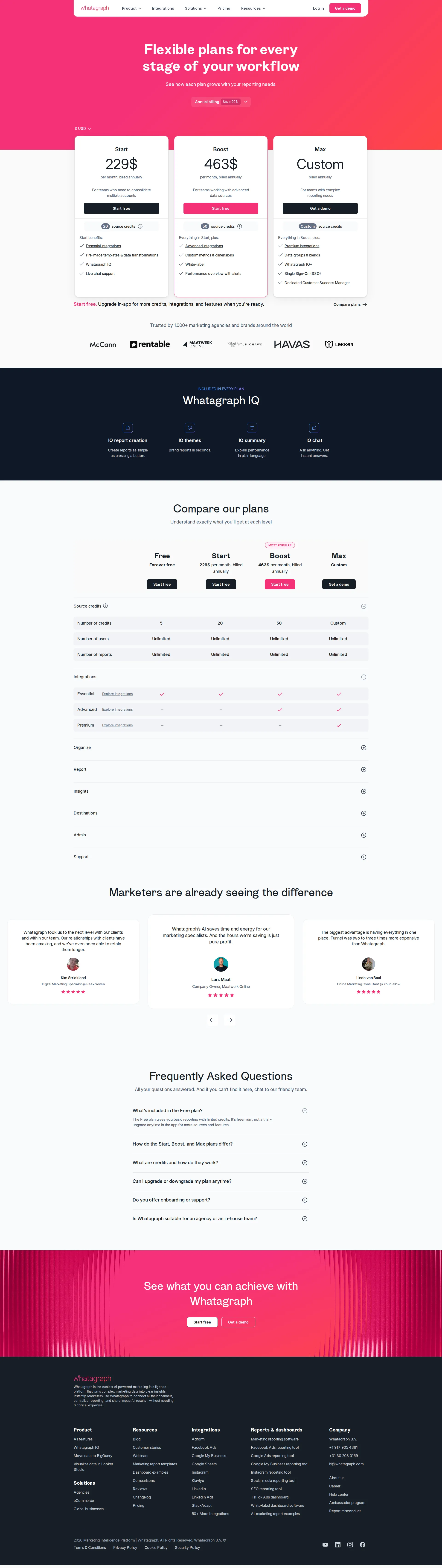 Whatagraph pricing page screenshot