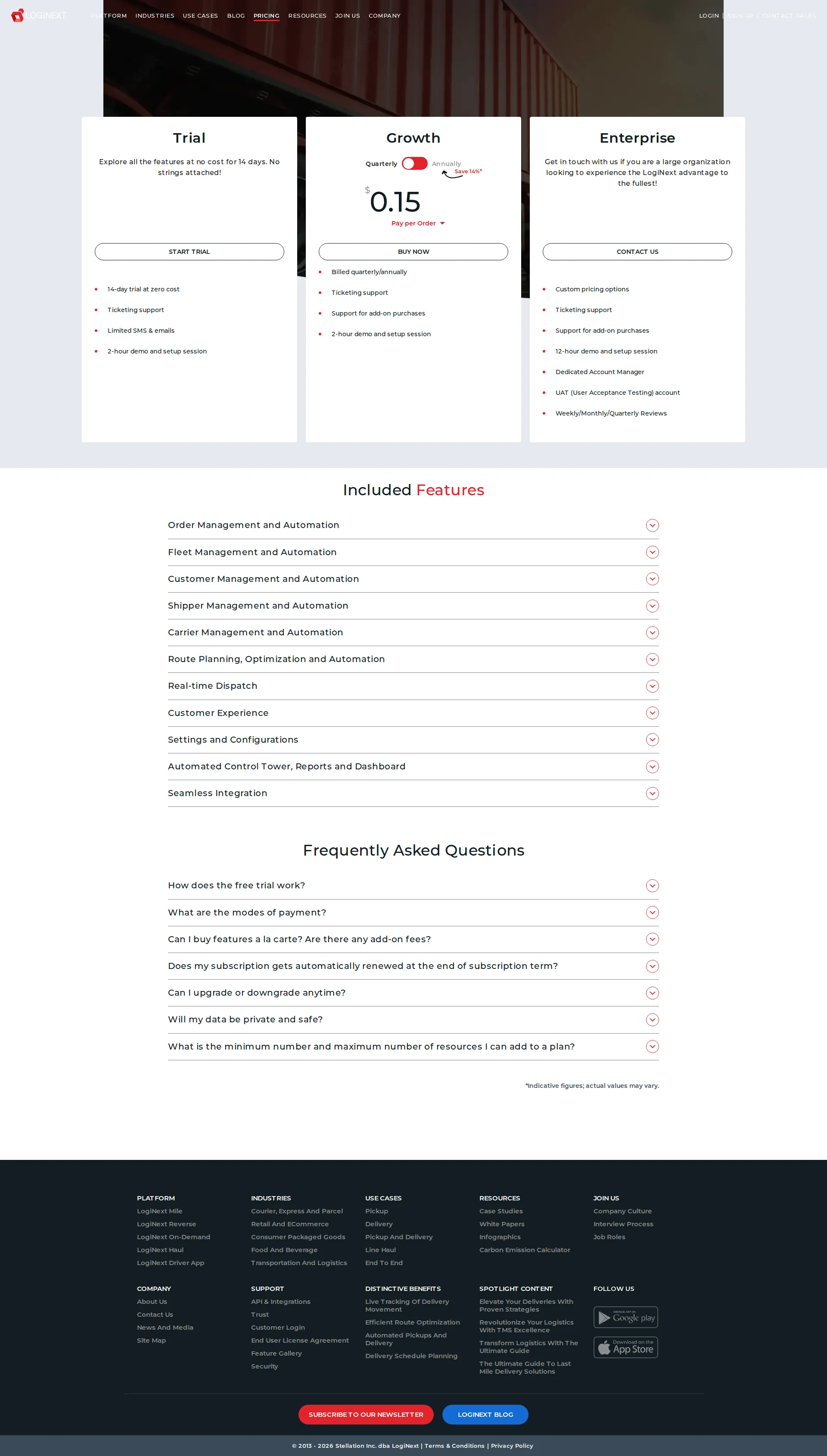 LogiNext pricing page screenshot