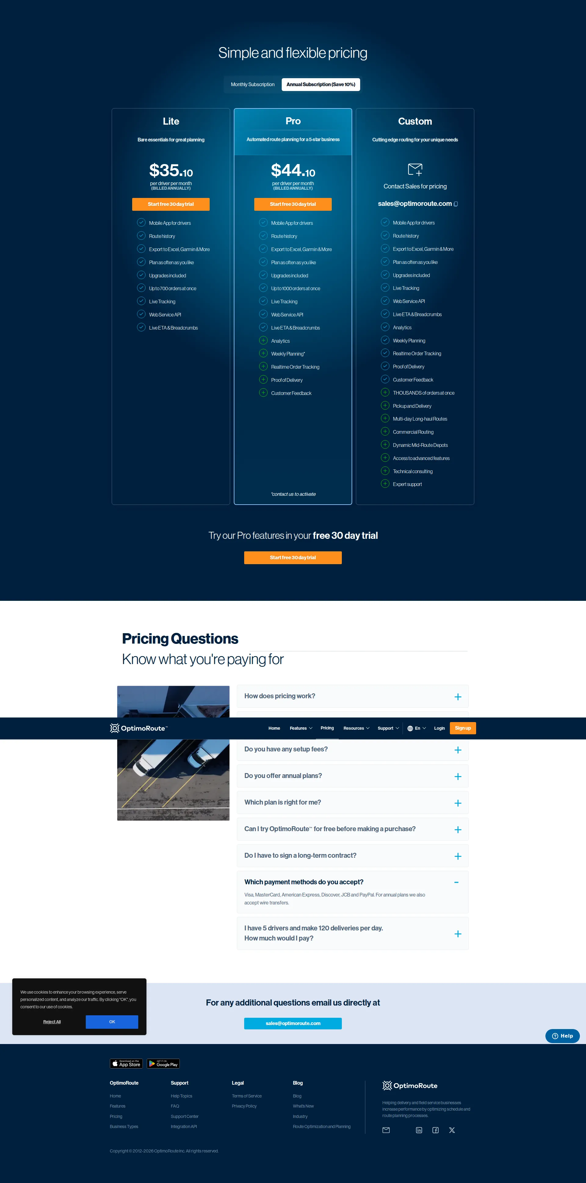 OptimoRoute pricing page screenshot