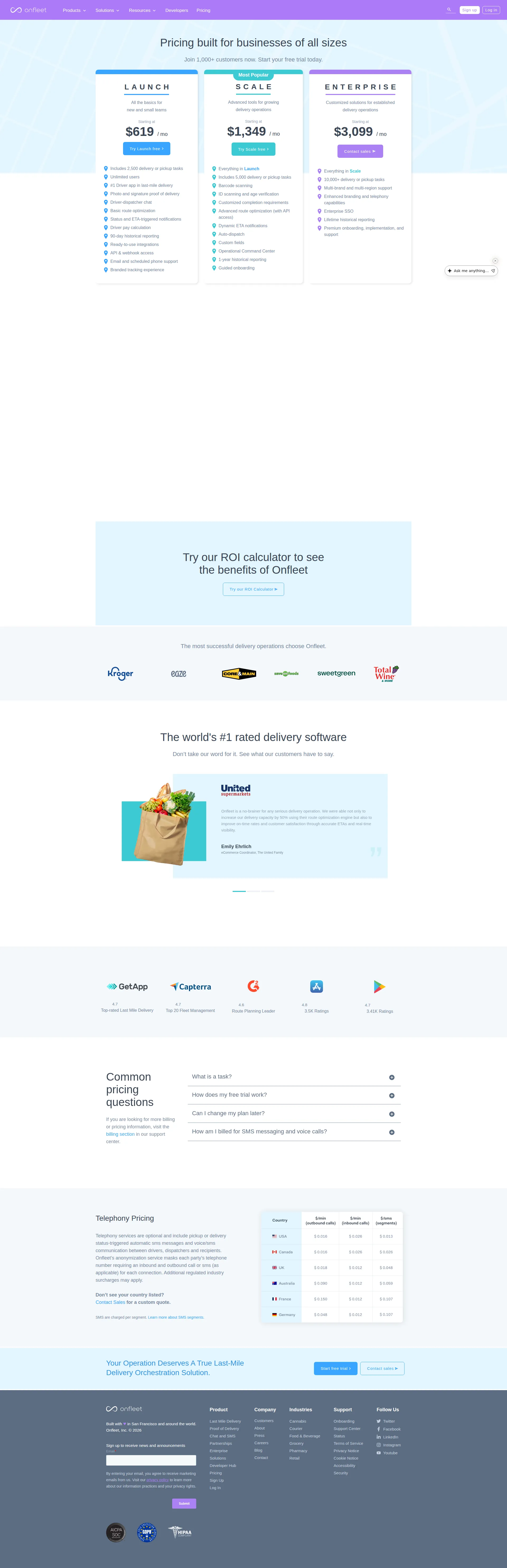 Onfleet pricing page screenshot