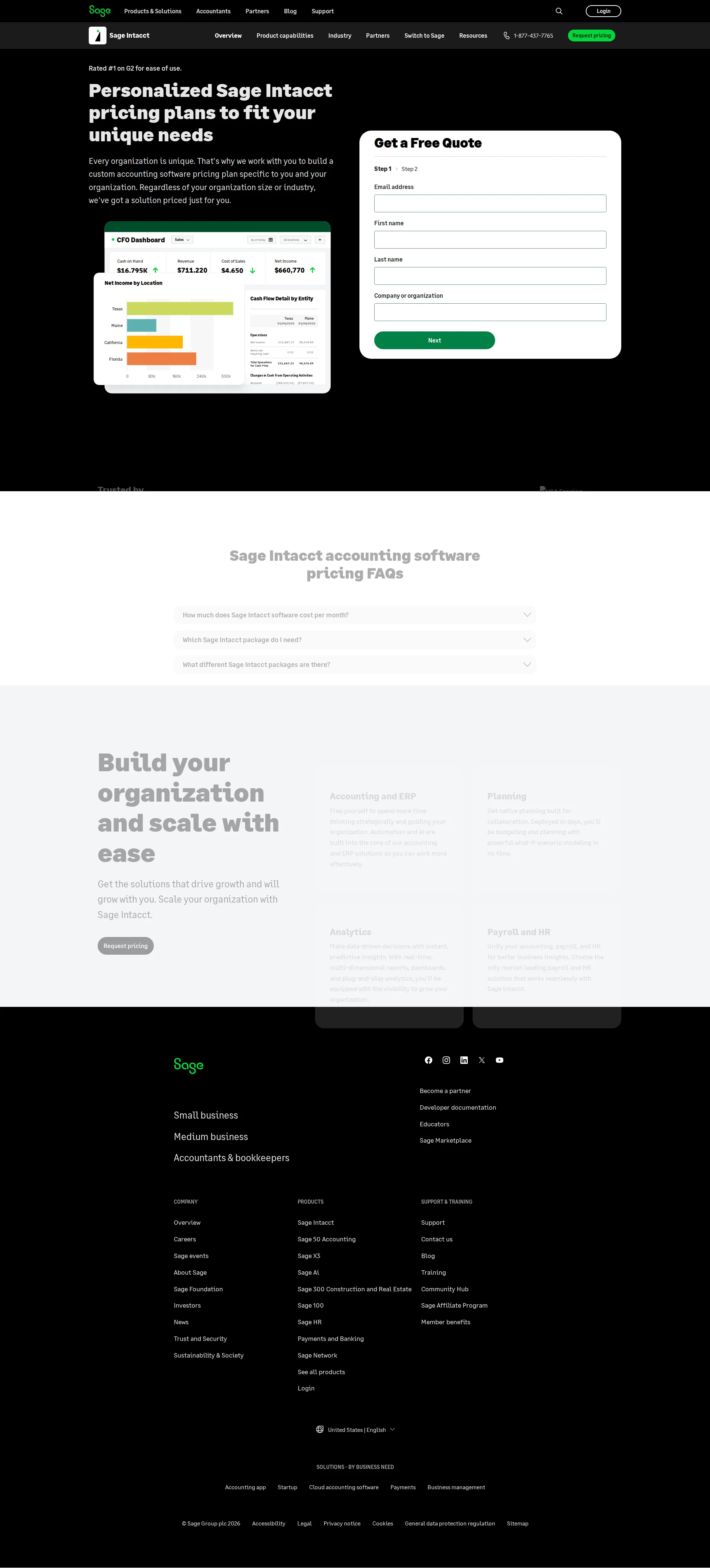 Sage Intacct pricing page screenshot