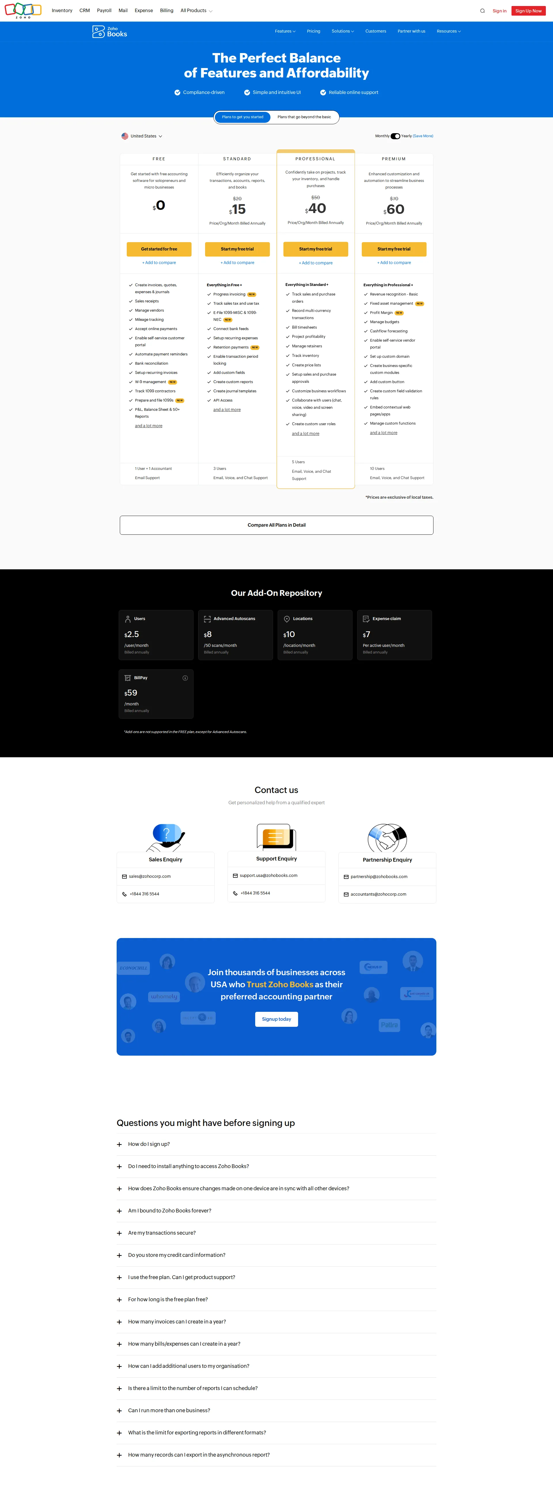 ZohoBooks pricing page screenshot