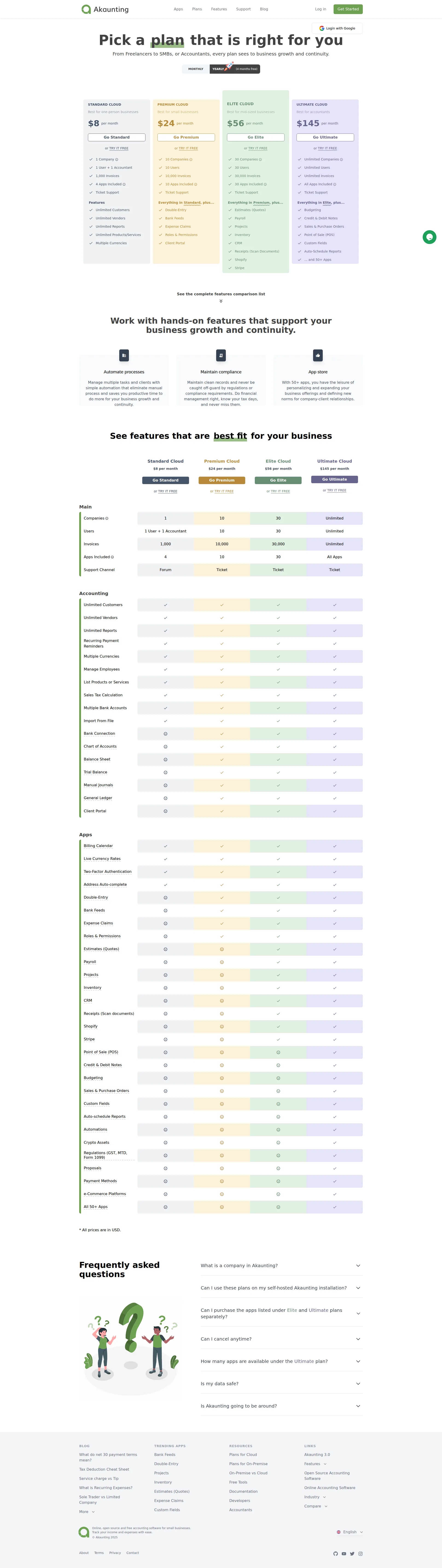 Akaunting pricing page screenshot
