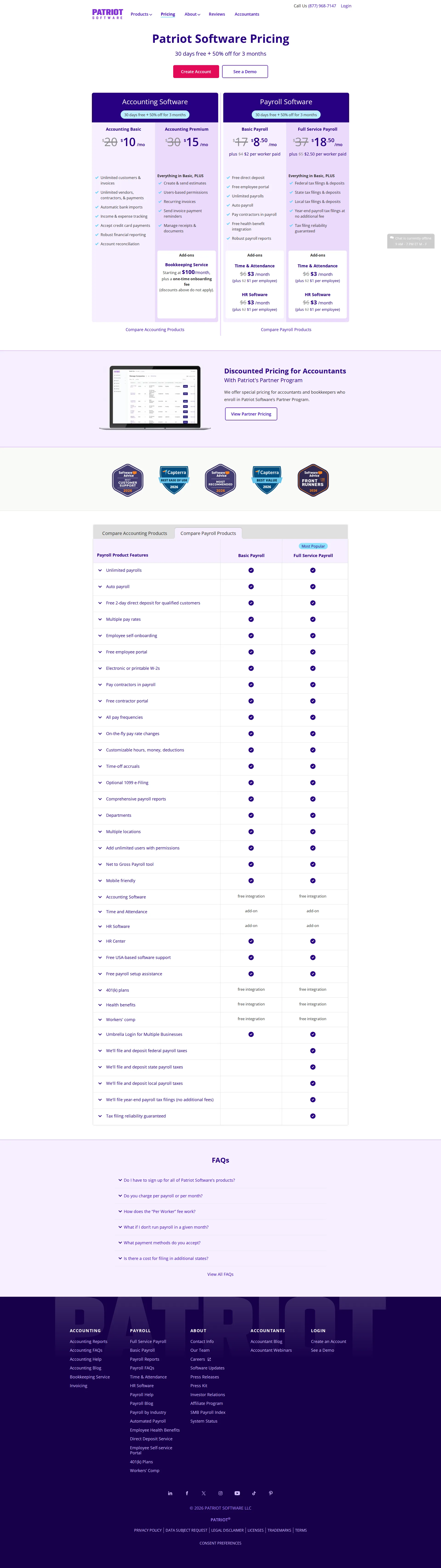 Patriot Accounting pricing page screenshot
