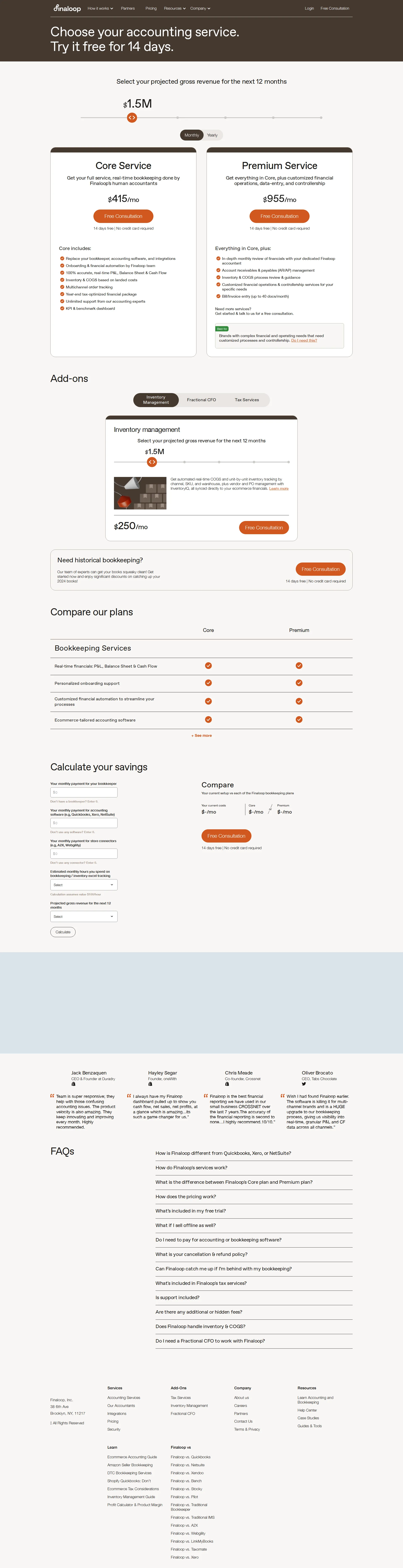 Finaloop pricing page screenshot