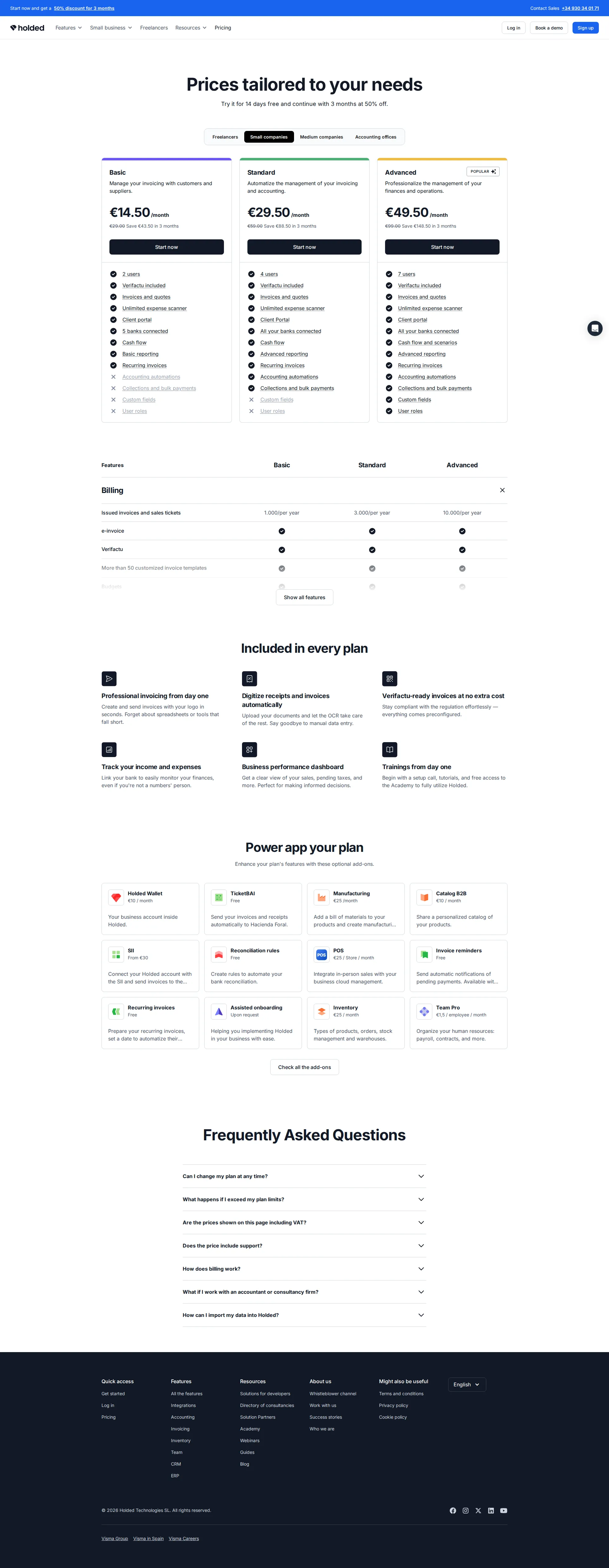 Holded pricing page screenshot