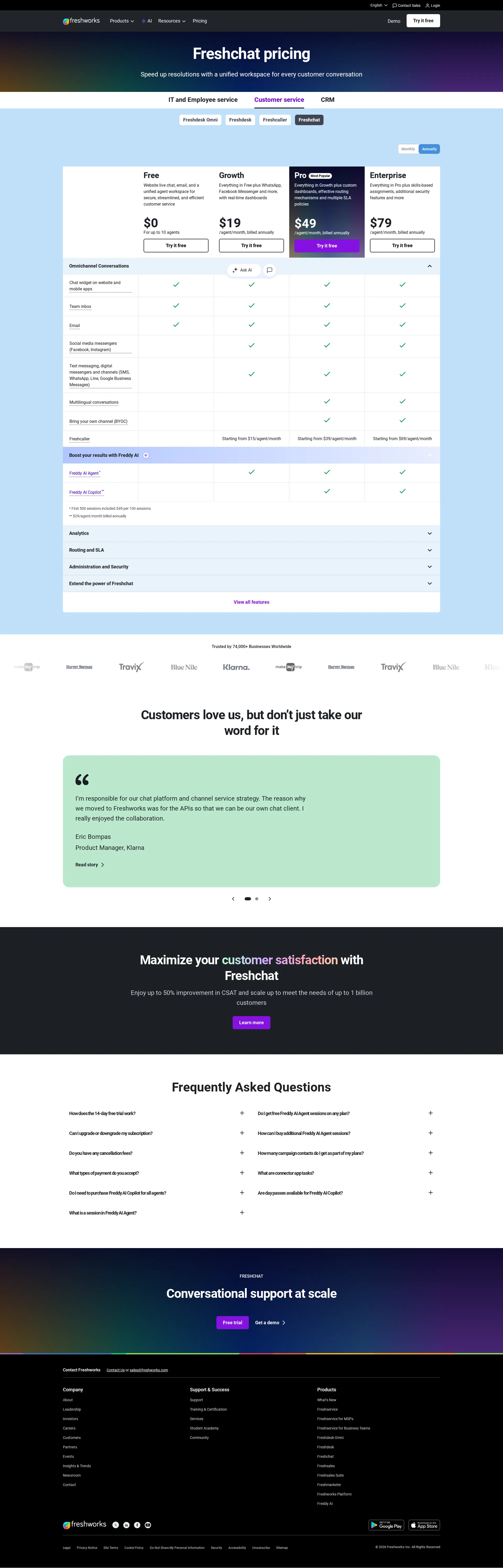 Freshchat Pro pricing page screenshot