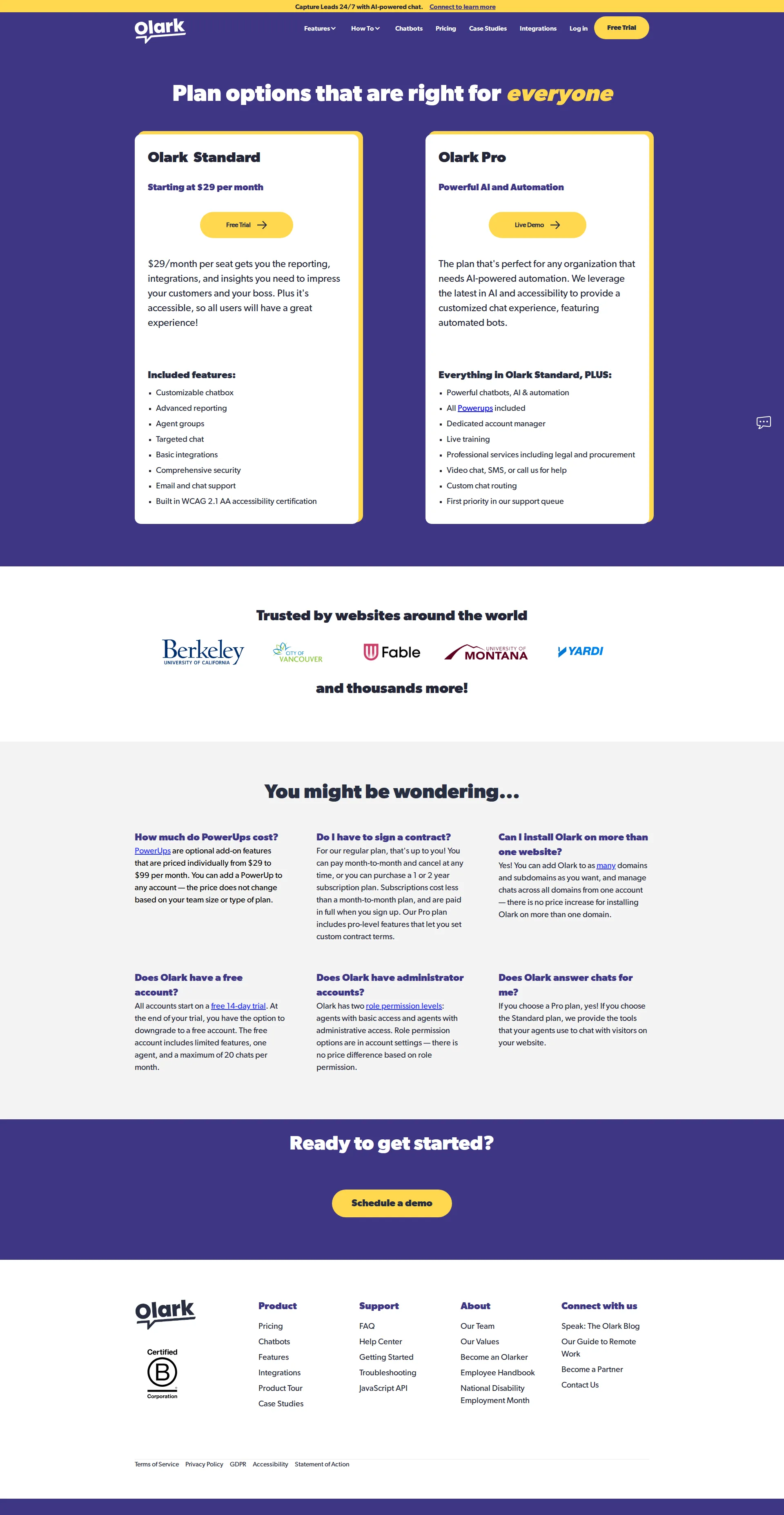 Olark Pro pricing page screenshot