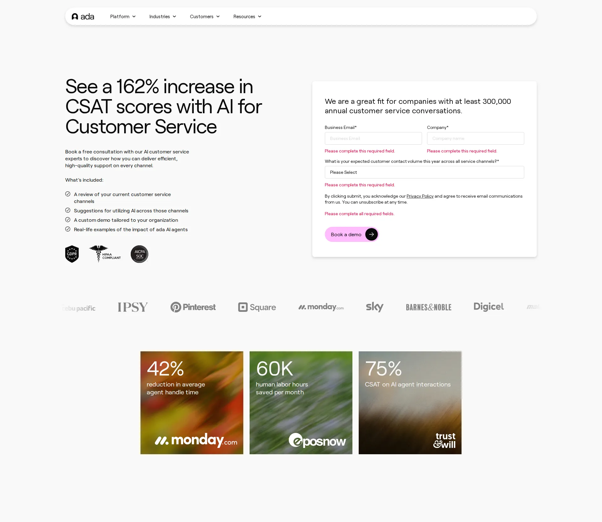 Ada CX pricing page screenshot