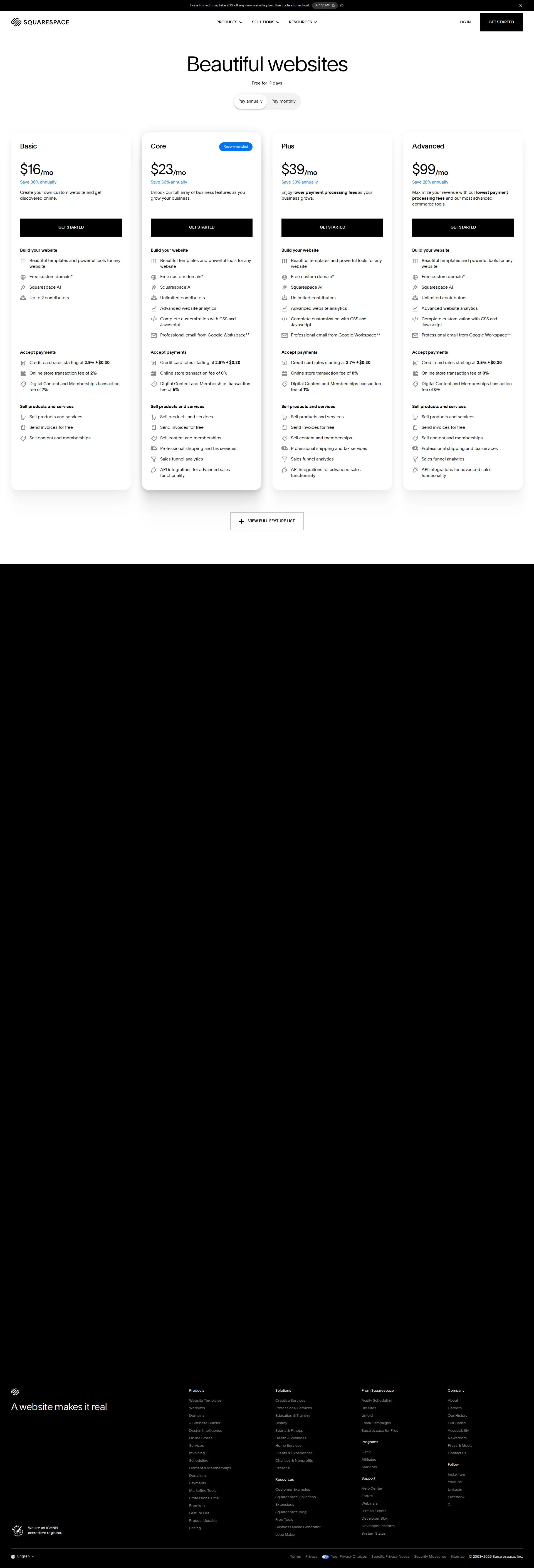 Squarespace pricing page screenshot